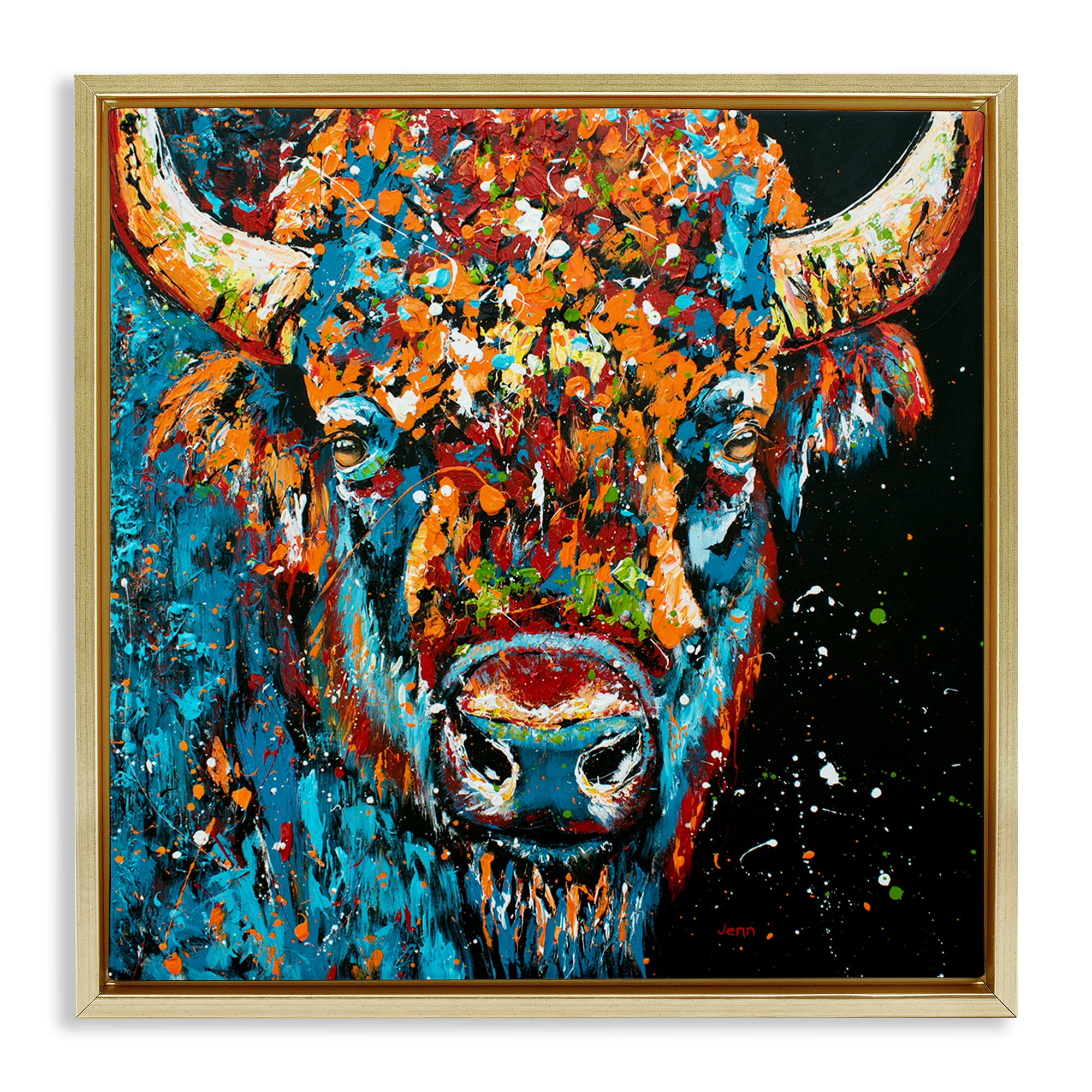 Stupell Industries Modern Bison with Paint Splatter Animals & Insects Painting Gold Floater Framed Canvas Art Print Wall Art, 25 x 25