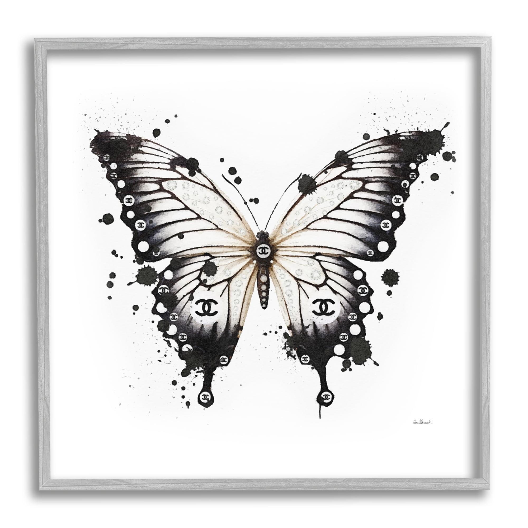 Stupell Industries Modern Black Butterfly Animals & Insects Painting Gray Framed Art Print Wall Art, 24 x 24