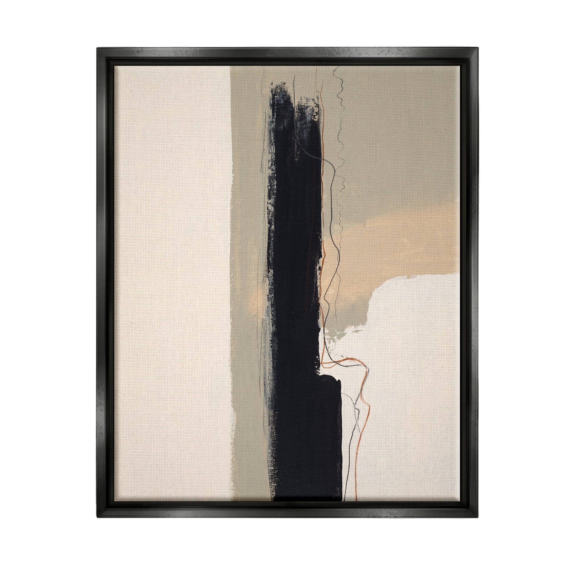 Stupell Industries Modern Black Streak on Beige Abstract Painting Black Floater Framed Canvas Art Print Wall Art, 25 x 31