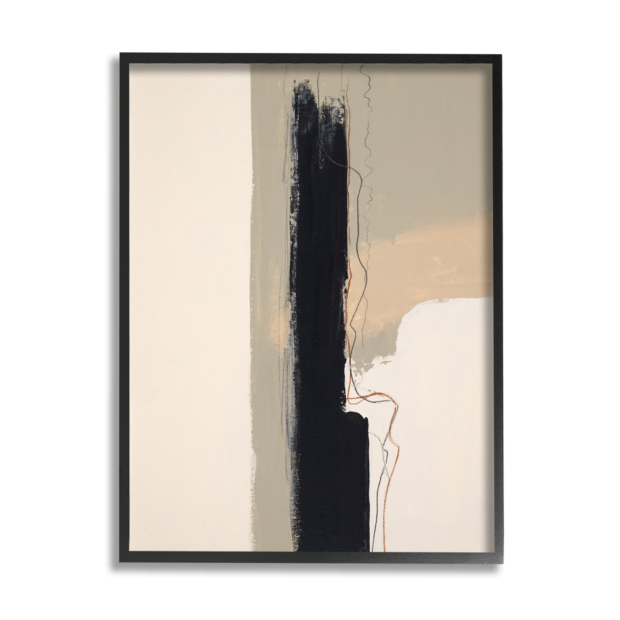 Stupell Industries Modern Black Streak on Beige Abstract Painting Black Framed Art Print Wall Art, 16 x 20