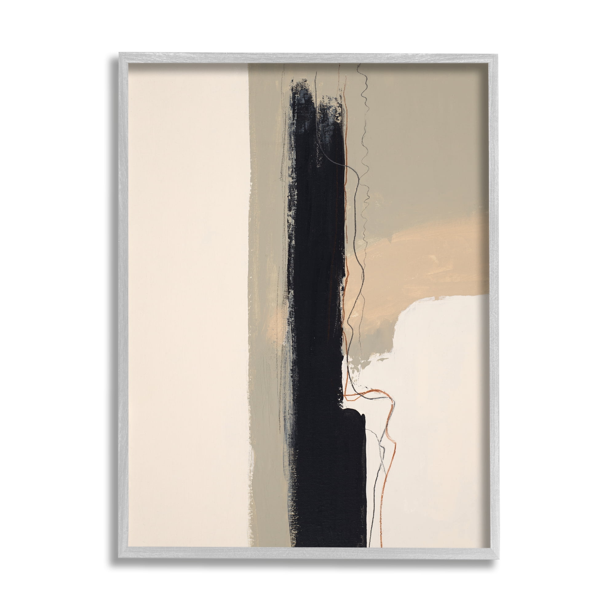 Stupell Industries Modern Black Streak on Beige Abstract Painting Gray Framed Art Print Wall Art, 16 x 20