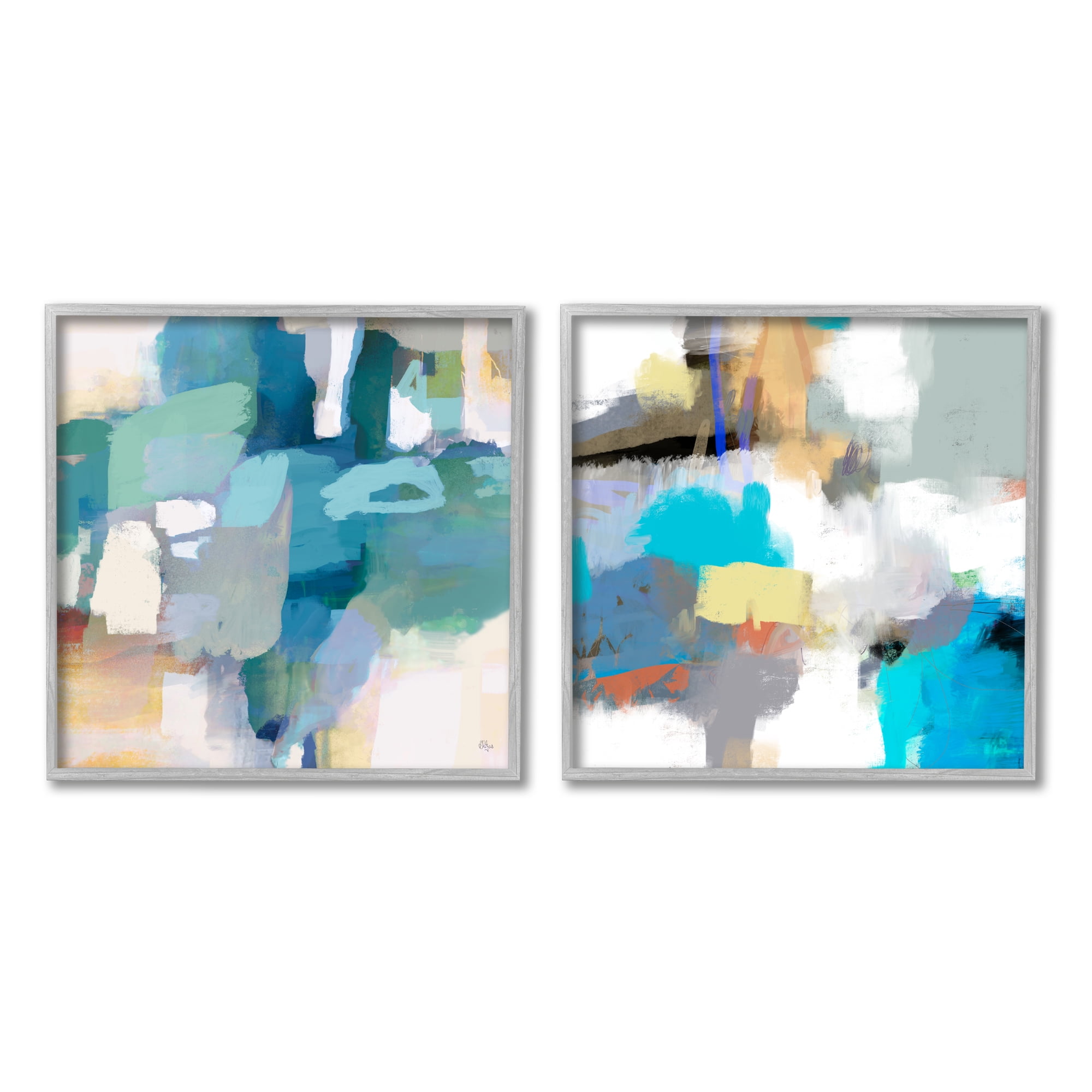 Stupell Industries Modern Blocked Brush Strokes Abstract Collage Painting Gray Framed Art Print Wall Art, Set of 2, Design by Lisa Ridgers