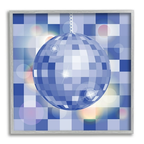 Stupell Industries Modern Blue Checkered Disco Ball Beauty & Fashion Painting Gray Framed Art Print Wall Art