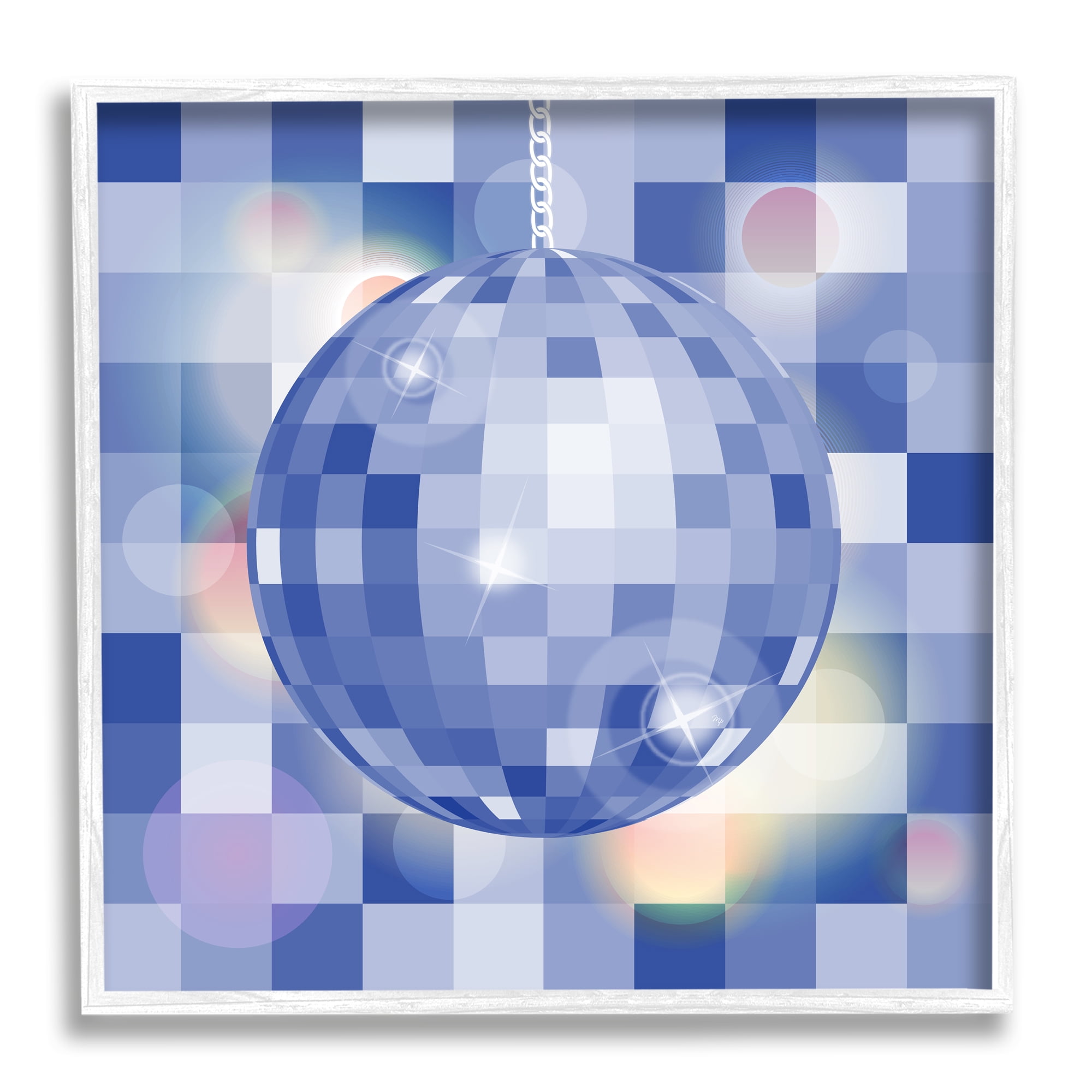 Stupell Industries Modern Blue Checkered Disco Ball Beauty & Fashion Painting White Framed Art Print Wall Art