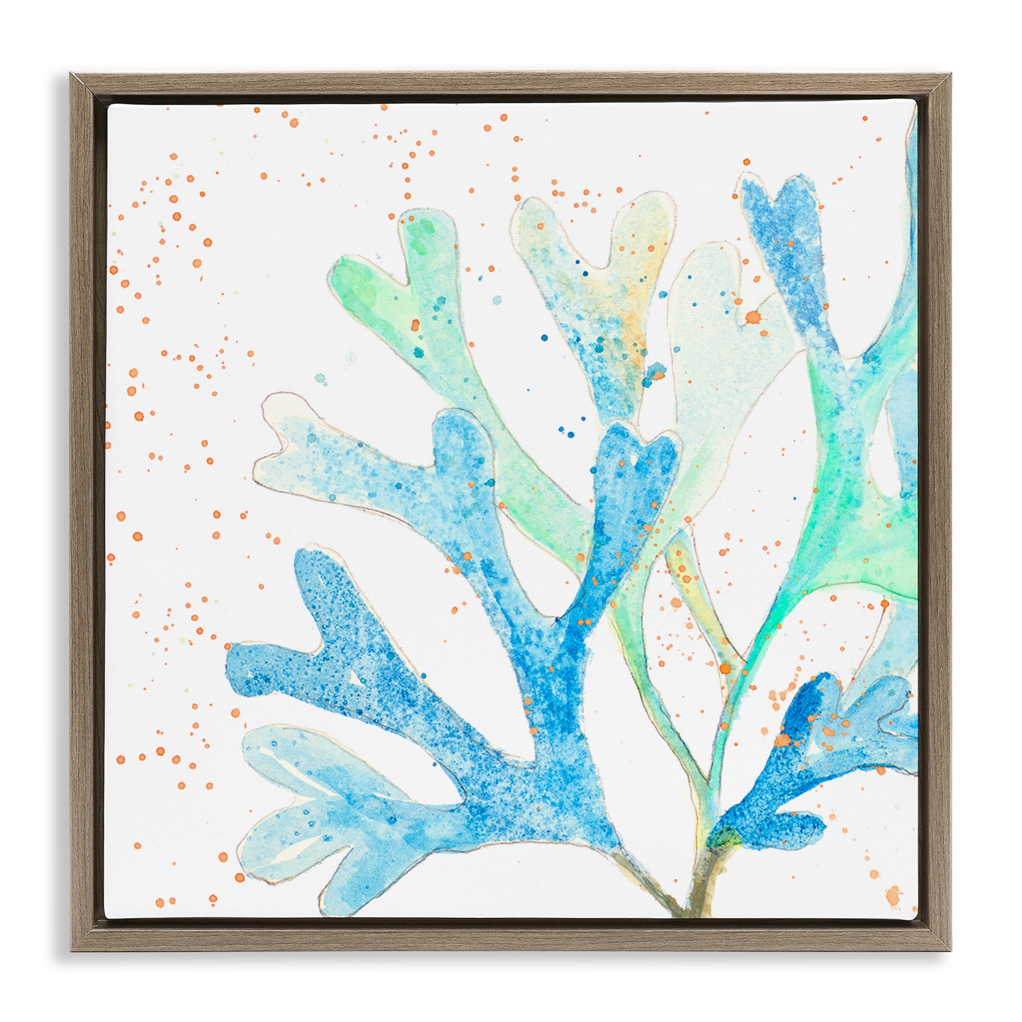 Stupell Industries Modern Blue Coral Coastal Painting Brown Floater Framed Canvas Art Print Wall Art, 18 x 18