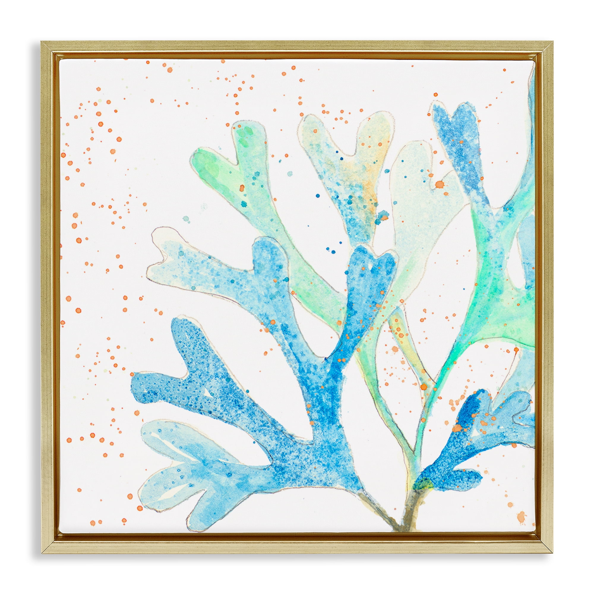 Stupell Industries Modern Blue Coral Coastal Painting Gold Floater Framed Canvas Art Print Wall Art, 18 x 18