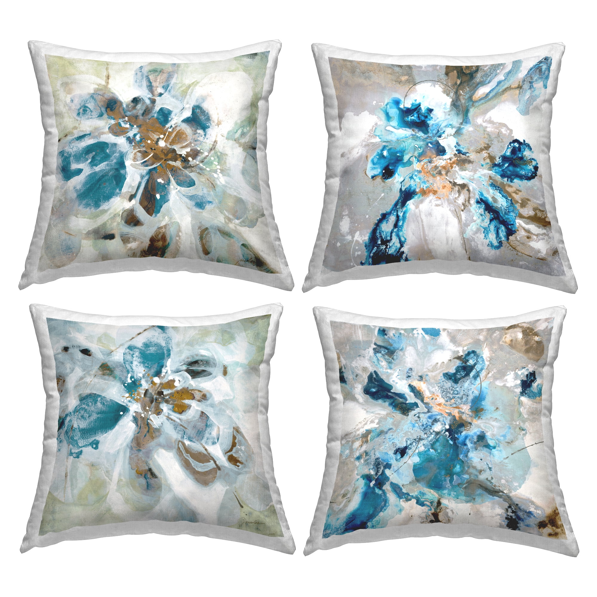 Stupell Industries Modern Blue Floral Abstraction Square Decorative Printed Throw Pillow, 18 x 18, Set of 4