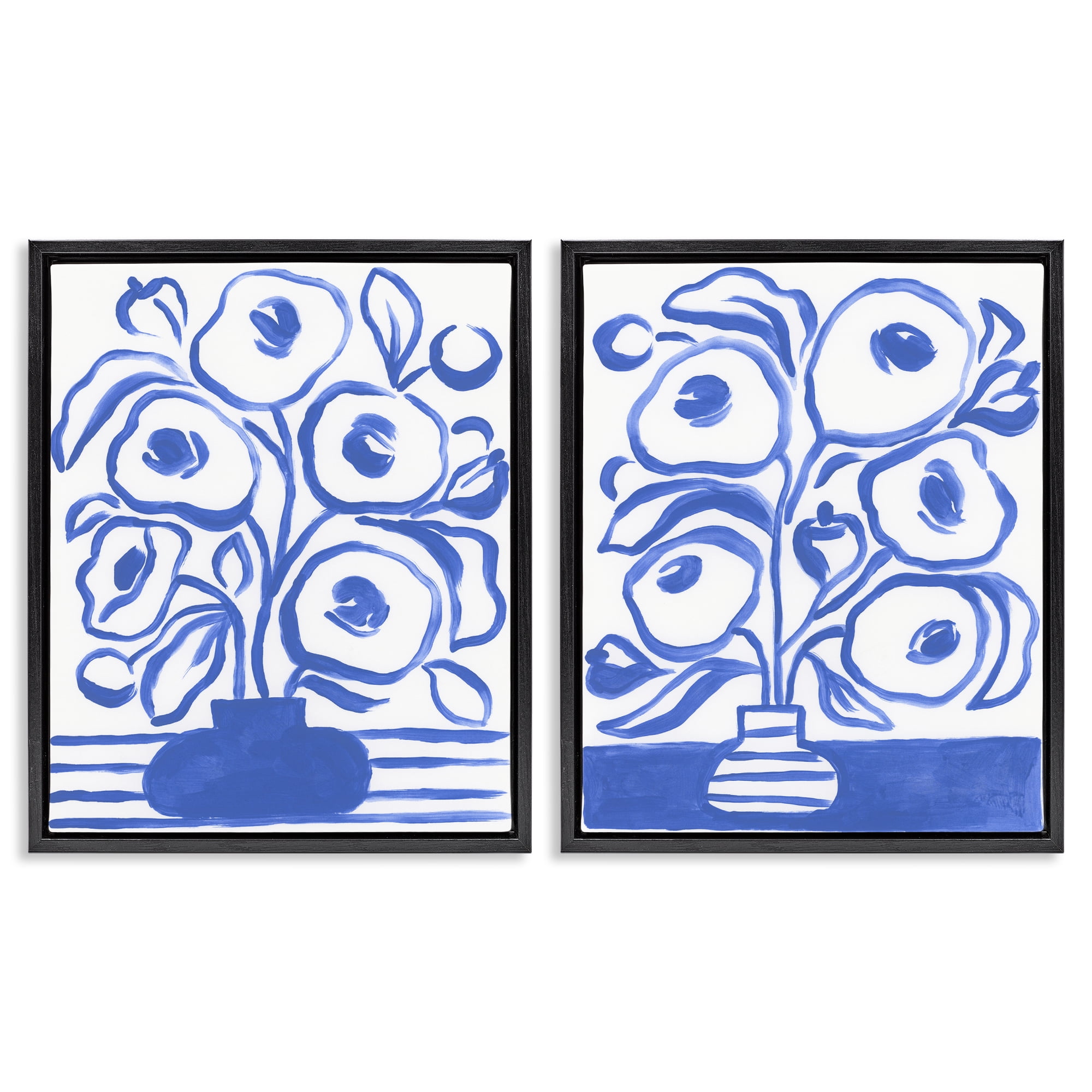 Stupell Industries Modern Blue Floral Vase Plants & Flowers Painting Black Floater Framed Canvas Art Print Wall Art, 31 x 25, Set of 2