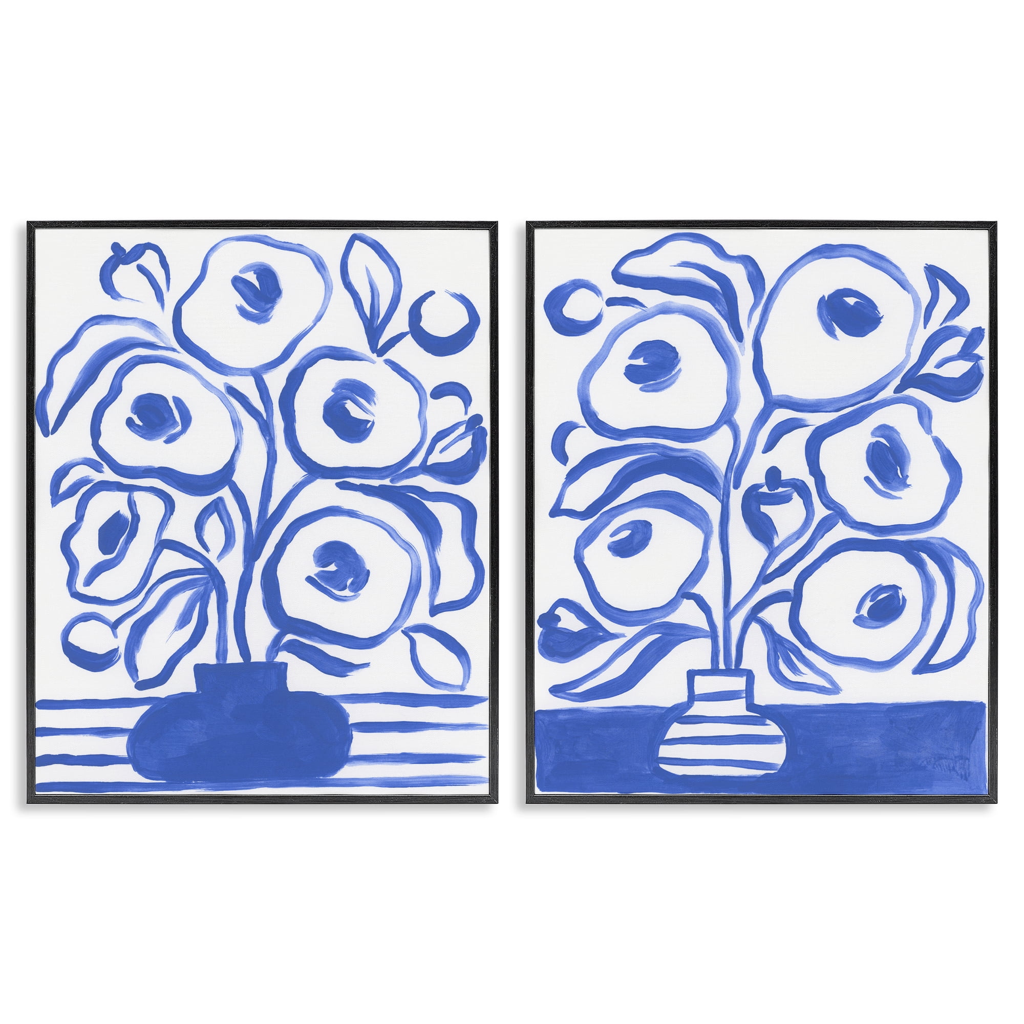 Stupell Industries Modern Blue Floral Vase Plants & Flowers Painting Black Framed Art Print Wall Art, 24 x 30, Set of 2