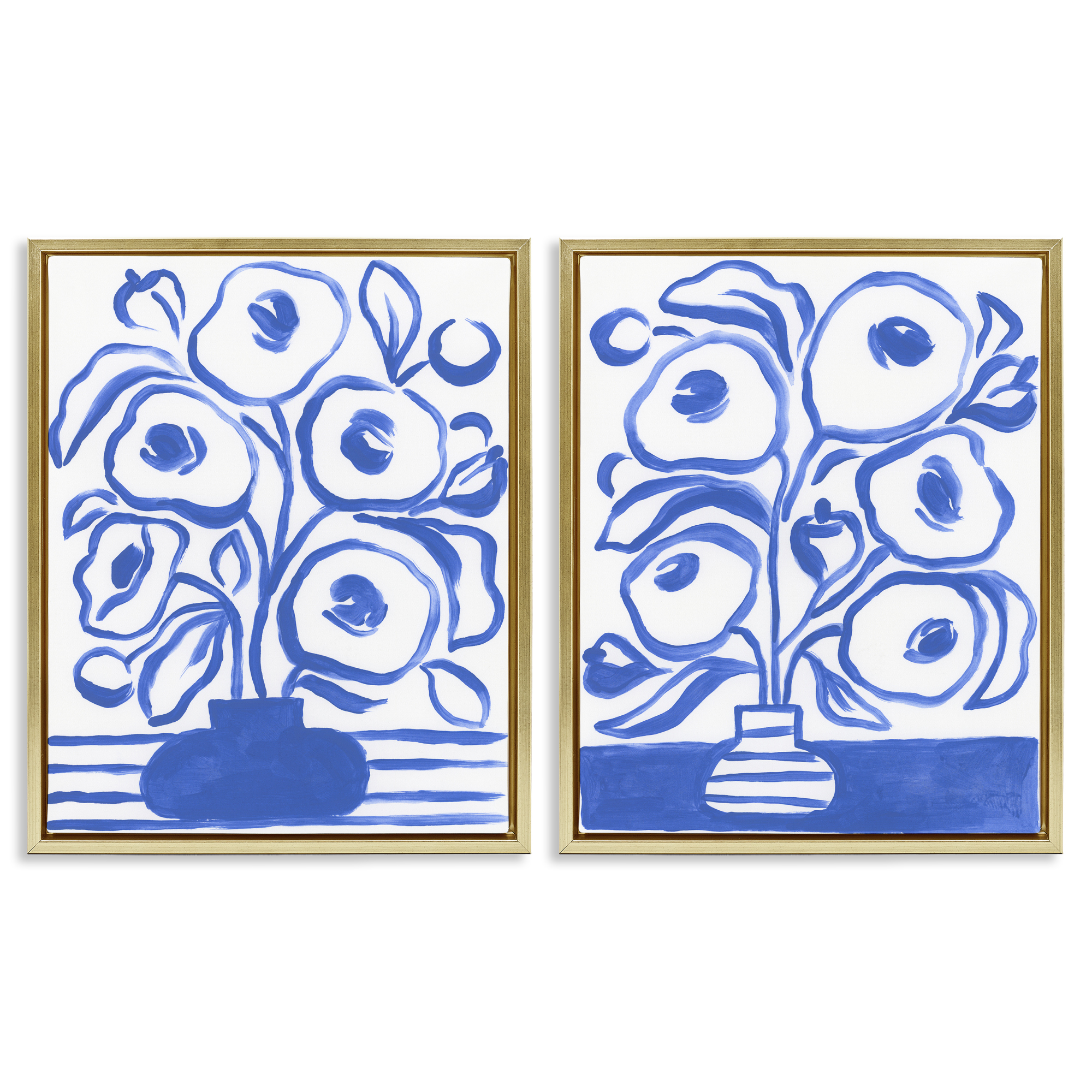 Stupell Industries Modern Blue Floral Vase Plants & Flowers Painting Gold Floater Framed Canvas Art Print Wall Art, 17 x 21, Set of 2