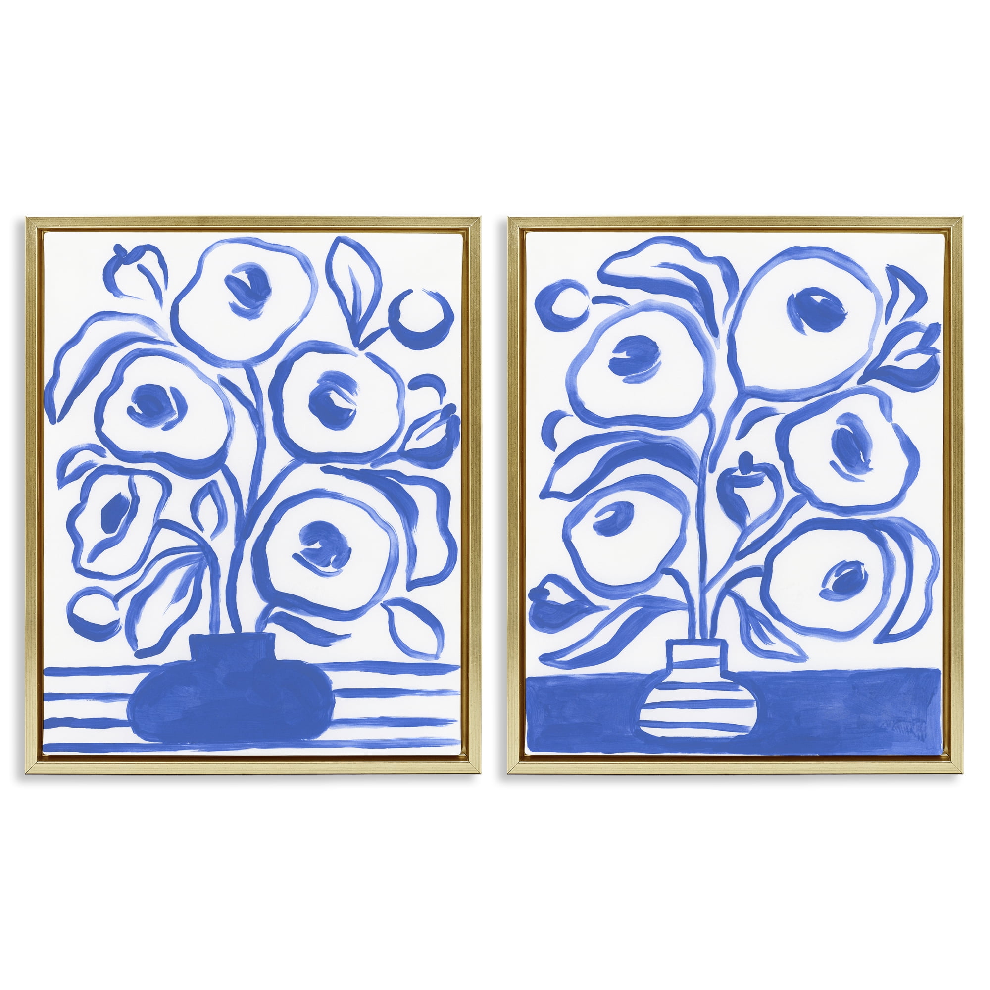 Stupell Industries Modern Blue Floral Vase Plants & Flowers Painting Gold Floater Framed Canvas Art Print Wall Art, 31 x 25, Set of 2