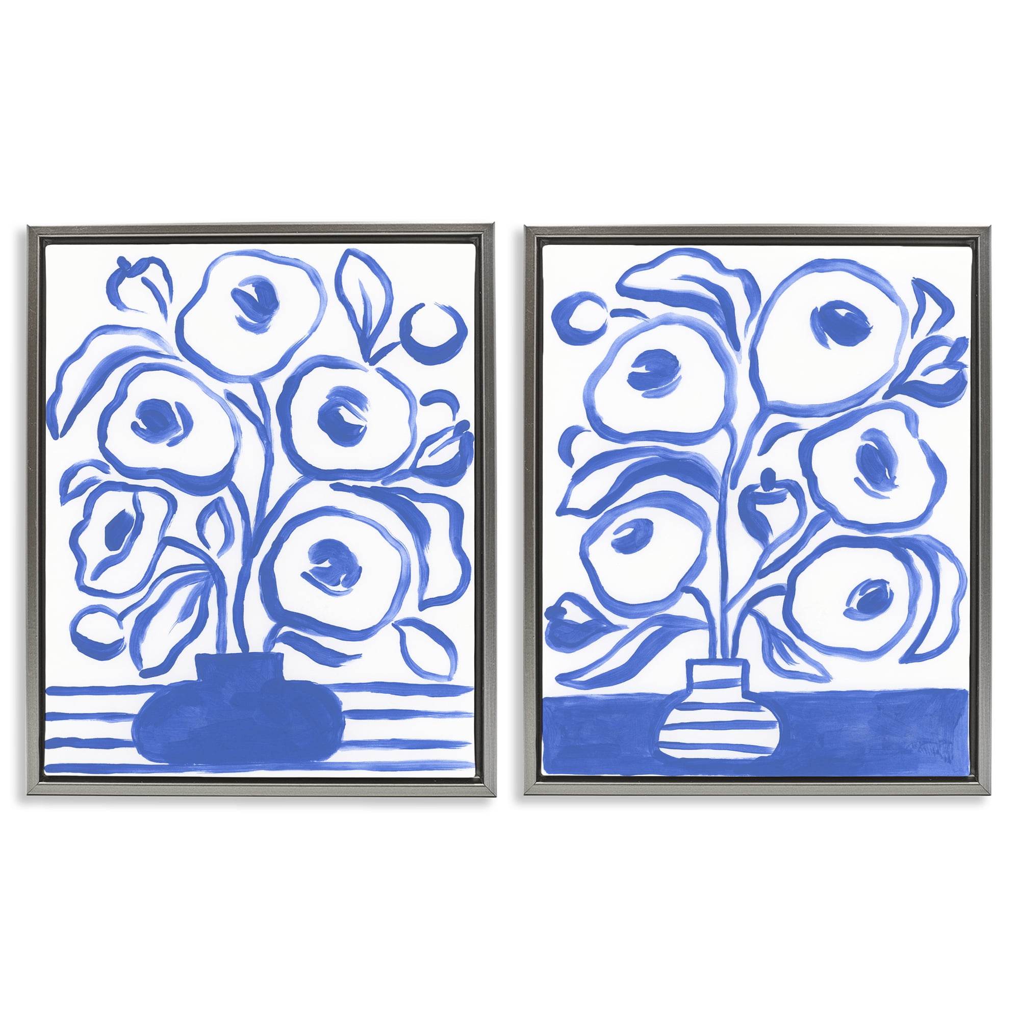 Stupell Industries Modern Blue Floral Vase Plants & Flowers Painting Gray Floater Framed Canvas Art Print Wall Art, 17 x 21, Set of 2
