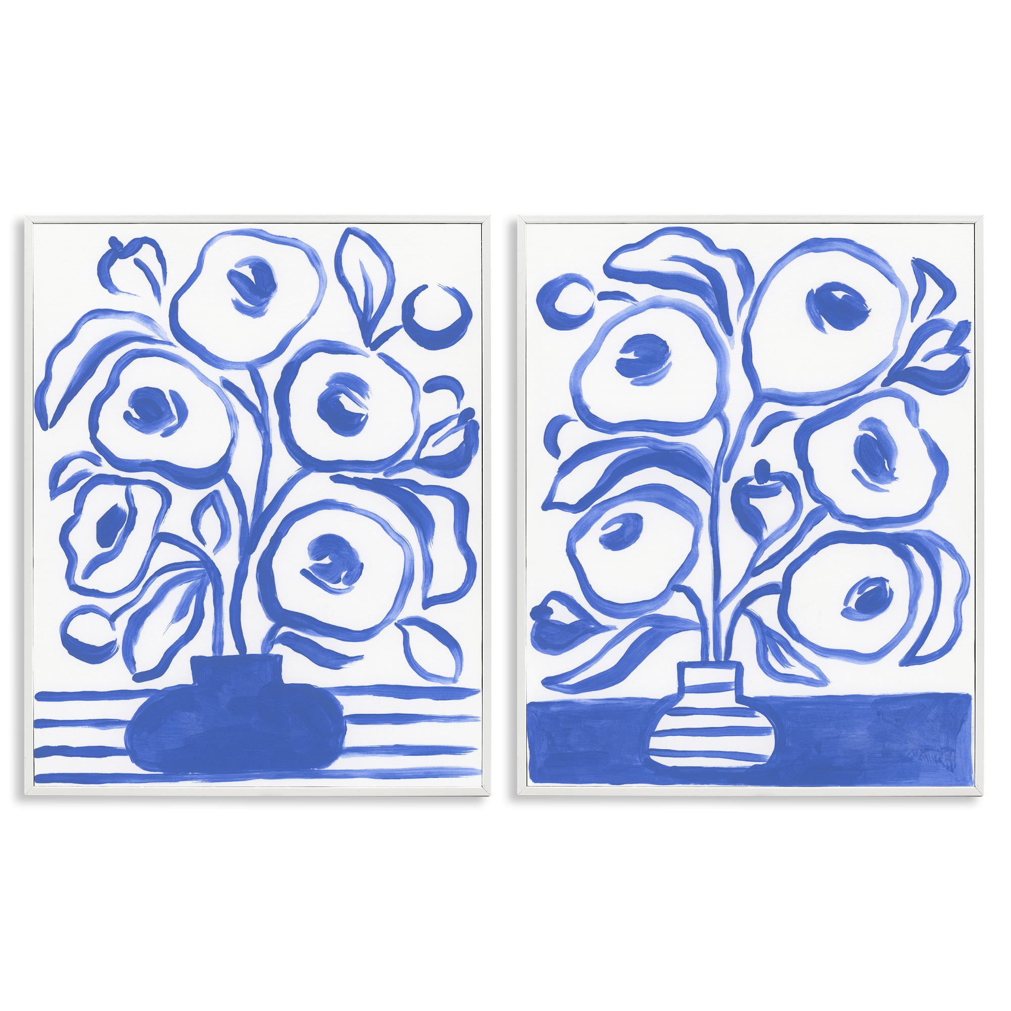 Stupell Industries Modern Blue Floral Vase Plants & Flowers Painting White Framed Art Print Wall Art, 11 x 14, Set of 2