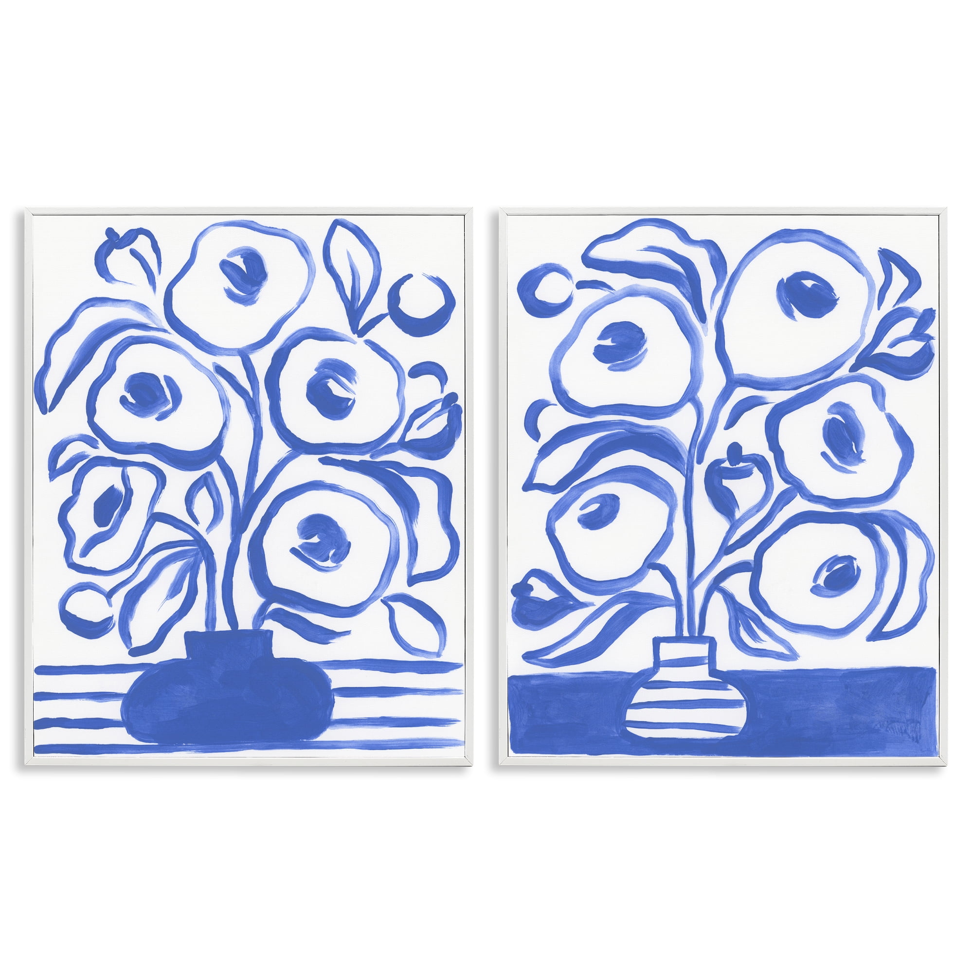 Stupell Industries Modern Blue Floral Vase Plants & Flowers Painting White Framed Art Print Wall Art, 24 x 30, Set of 2