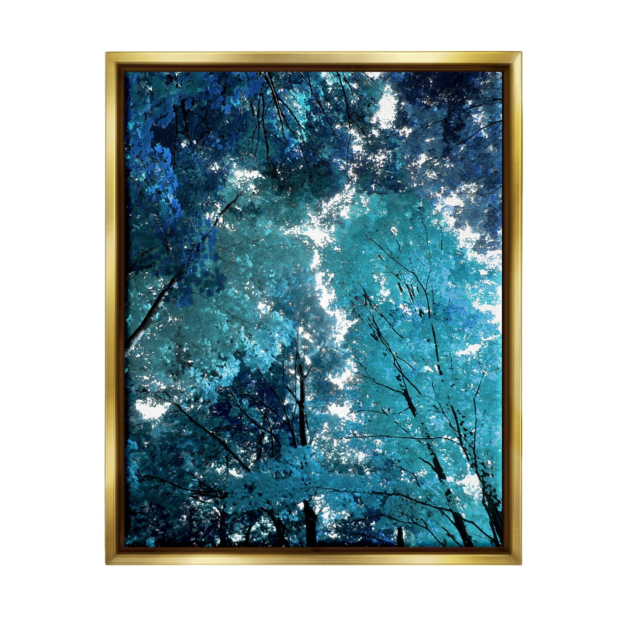 Stupell Industries Modern Blue Forest Trees Nature Painting Gold Floater Framed Art Print Wall Art, 25 x 31