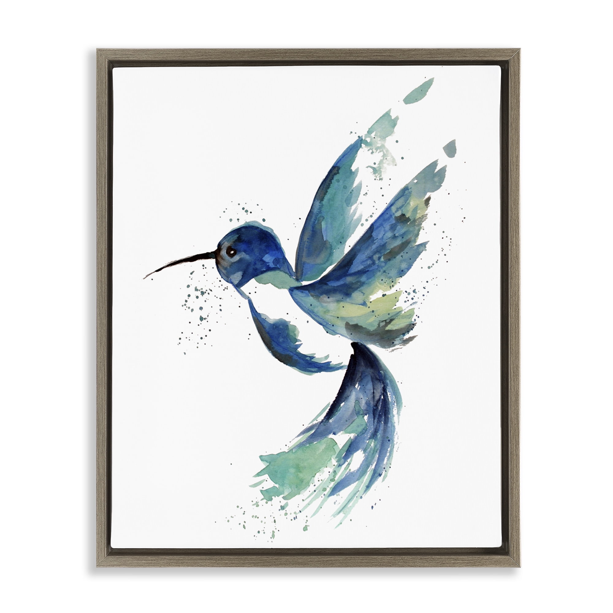 Stupell Industries Modern Blue Hummingbird Flying Animals & Insects Painting Brown Floater Framed Canvas Art Print Wall Art, 17 x 21