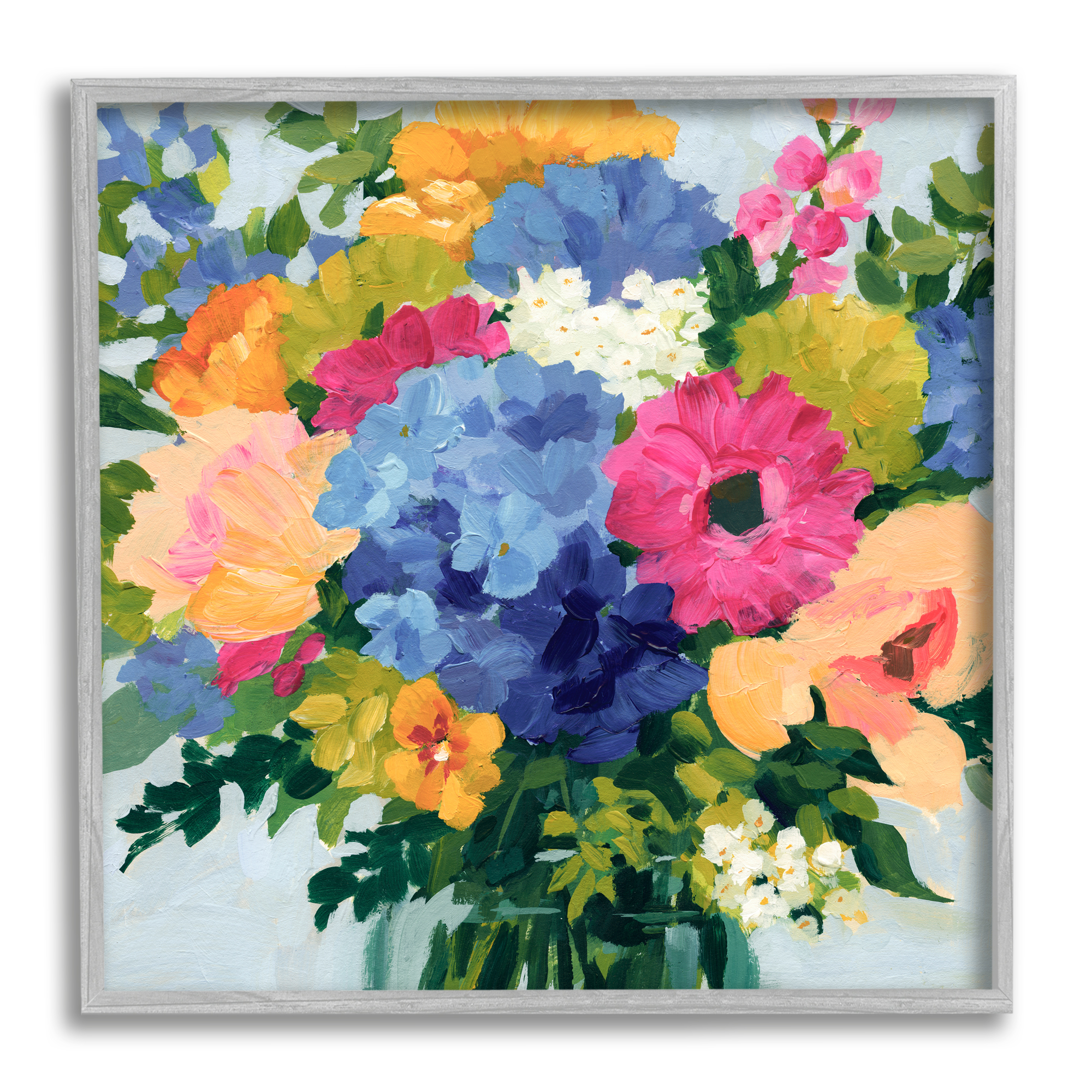 Stupell Industries Modern Blue & Pink Bouquet Botanical & Floral Painting Gray Framed Art Print Wall Art, 17 x 17