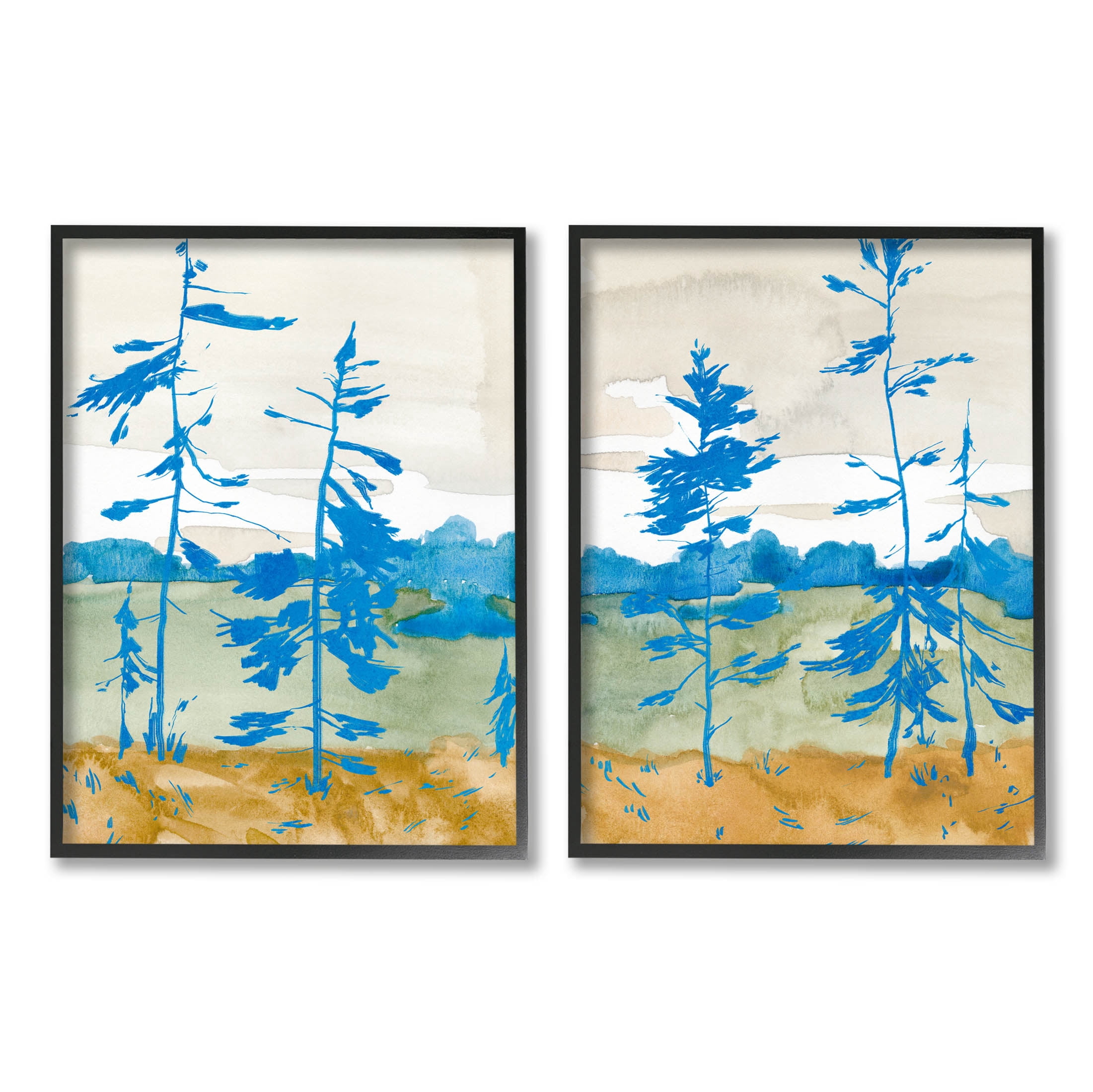Stupell Industries Modern Blue Tree Scenery Painting Black Framed Art Print Wall Art, Set of 2, Design by Jacob Green