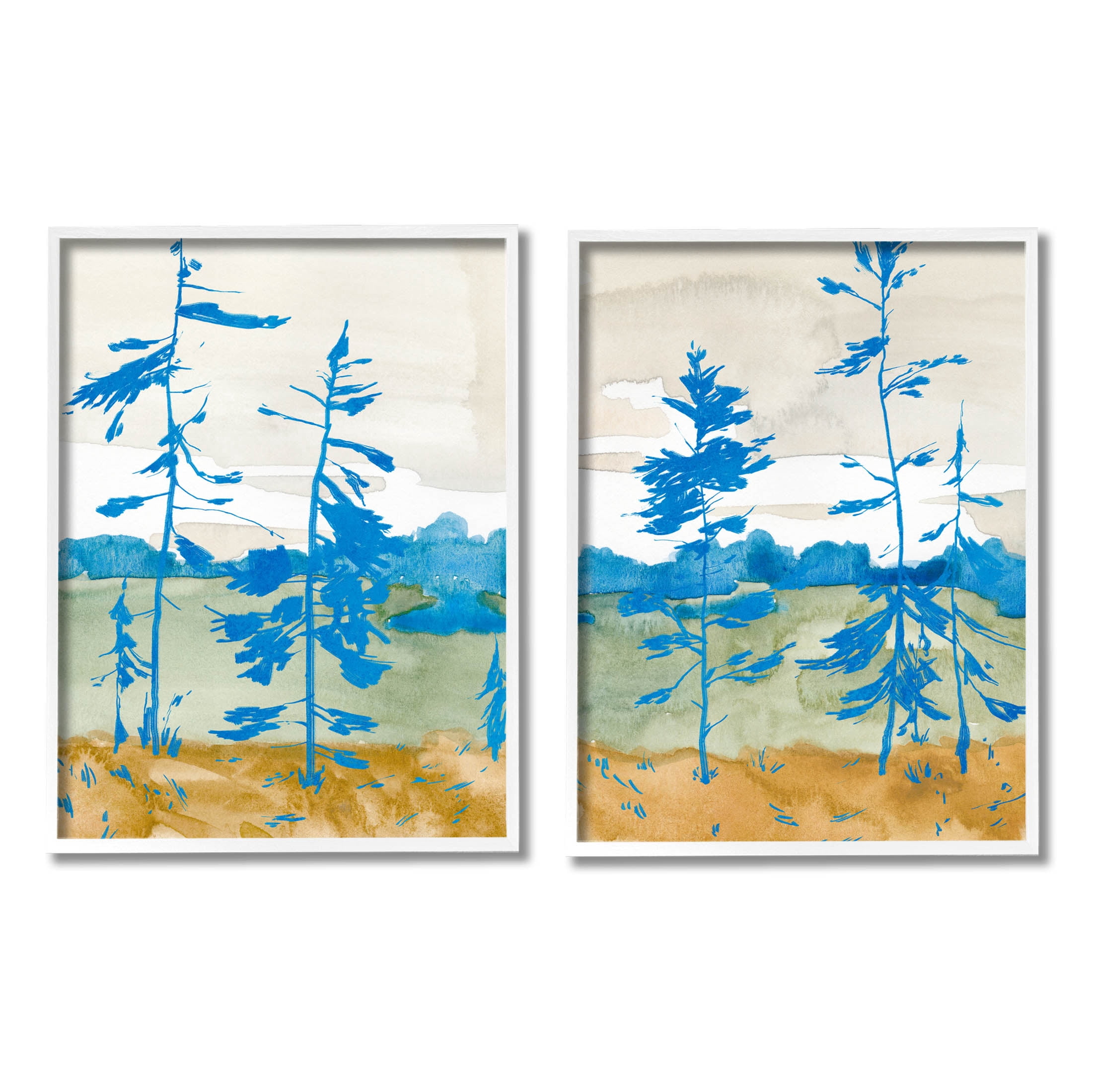 Stupell Industries Modern Blue Tree Scenery Painting White Framed Art Print Wall Art, Set of 2, Design by Jacob Green