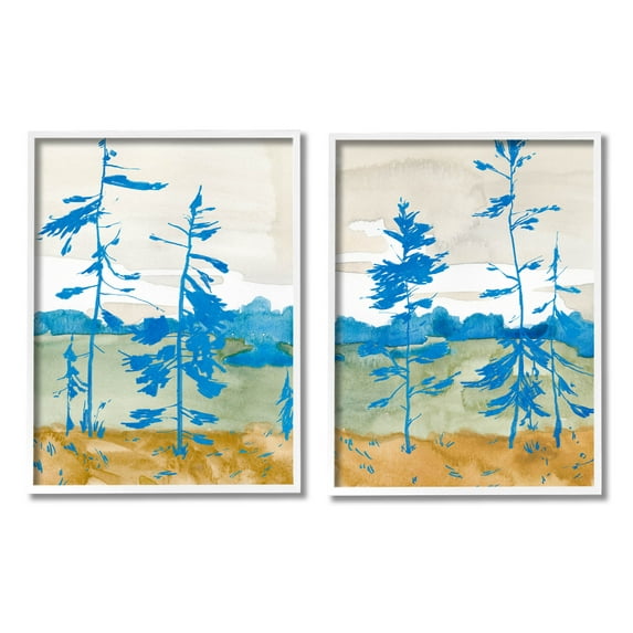 Stupell Industries Modern Blue Tree Scenery Painting White Framed Art Print Wall Art, Set of 2, Design by Jacob Green