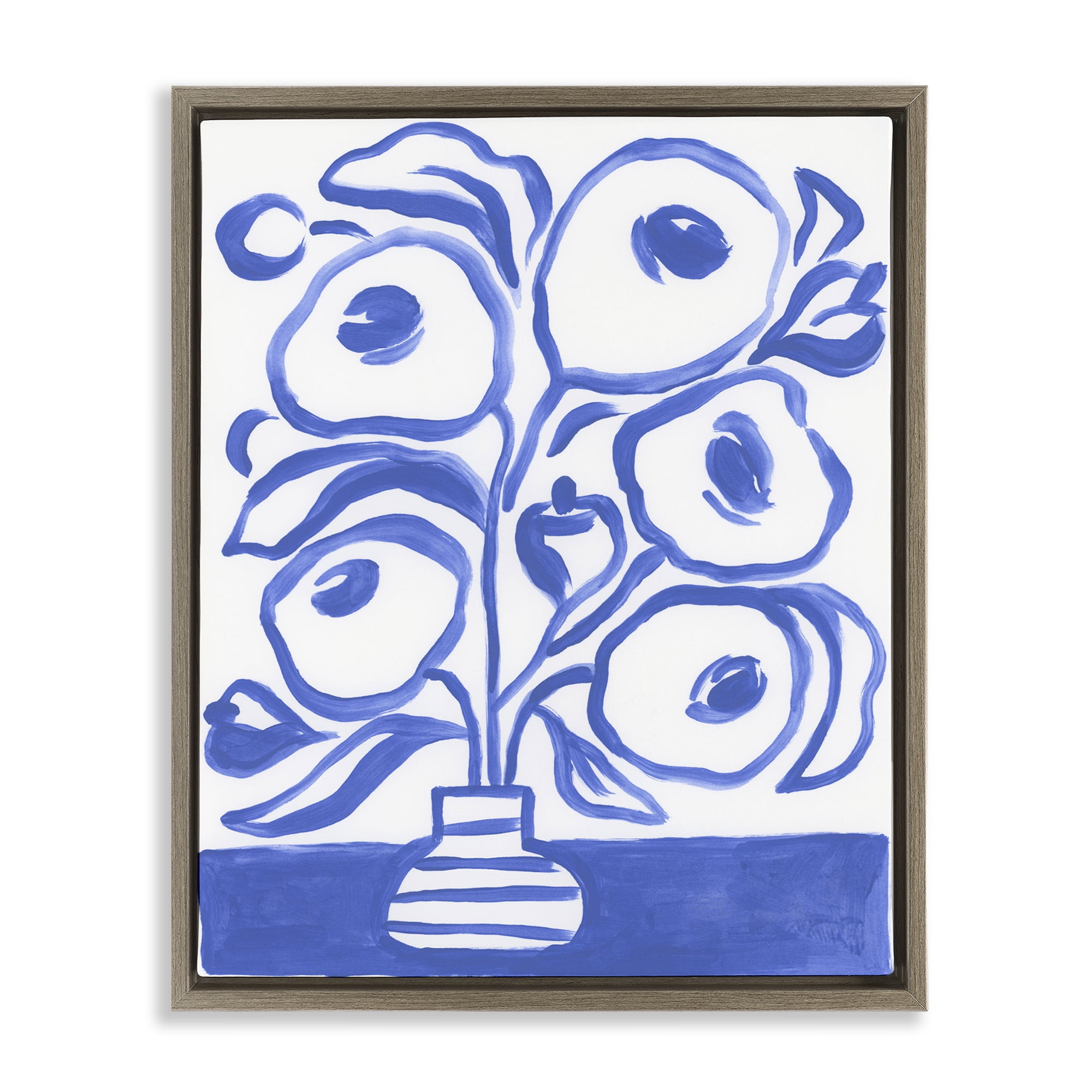 Stupell Industries Modern Blue Vase Botanical & Floral Painting Brown Floater Framed Art Print Wall Art, 17 x 21