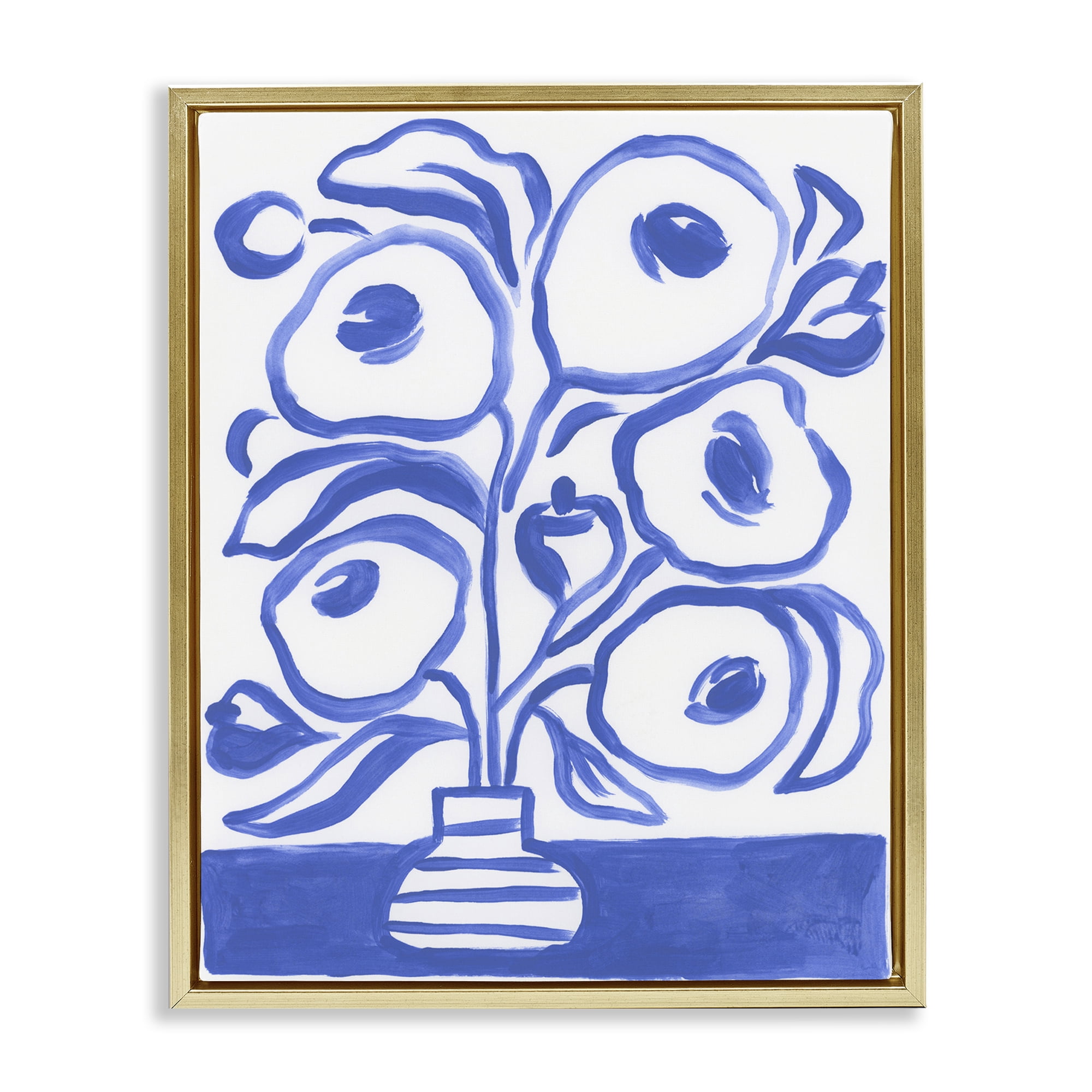 Stupell Industries Modern Blue Vase Botanical & Floral Painting Gold Floater Framed Art Print Wall Art, 17 x 21