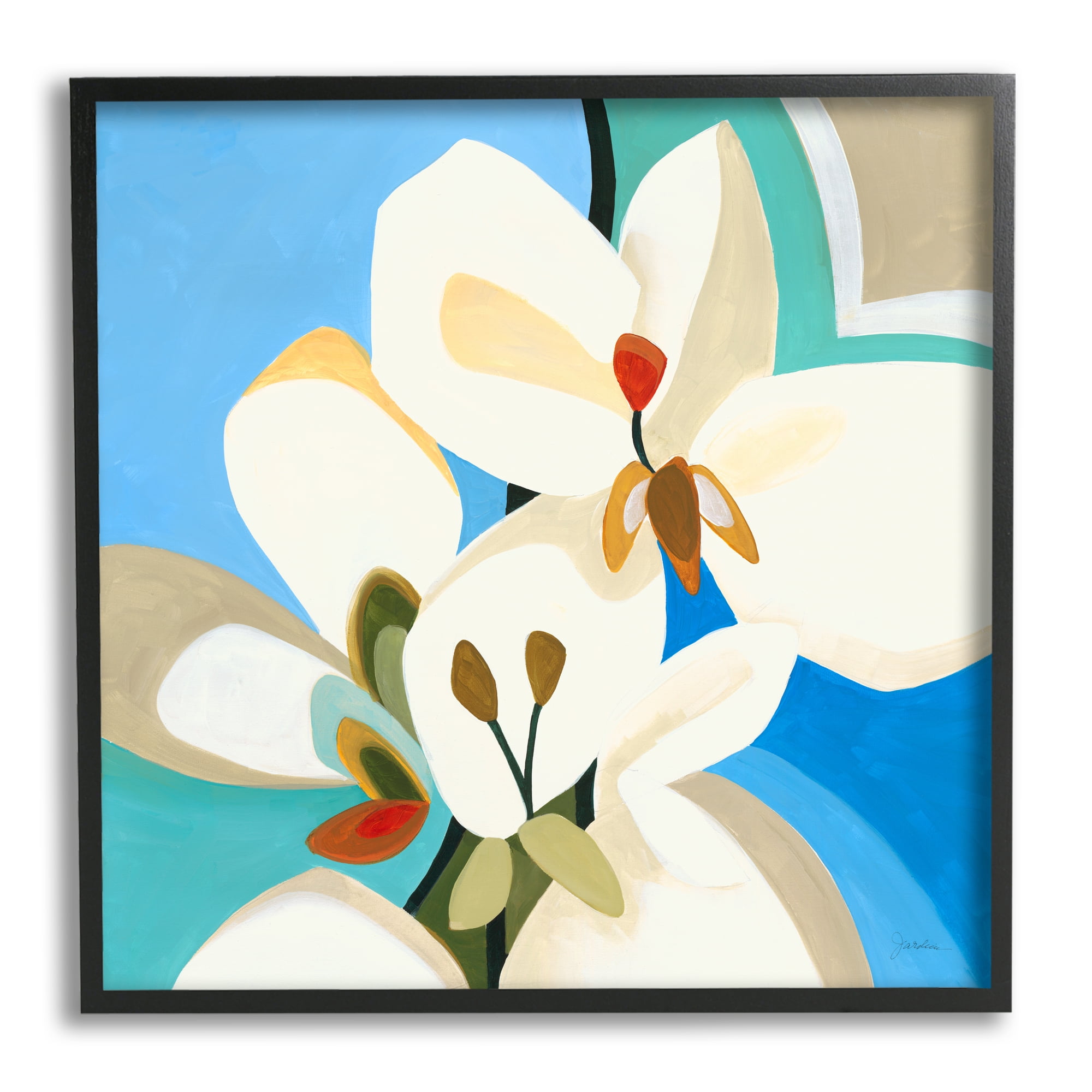 Stupell Industries Modern Blue & White Blossoms Abstract Painting Black Framed Art Print Wall Art, 17 x 17