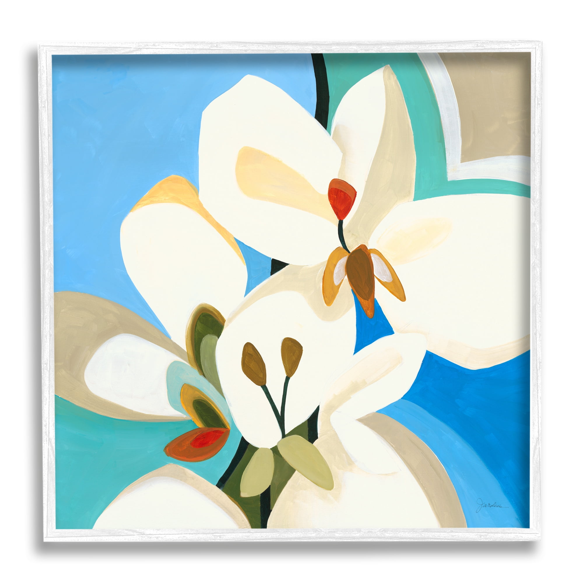 Stupell Industries Modern Blue & White Blossoms Abstract Painting White Framed Art Print Wall Art, 24 x 24