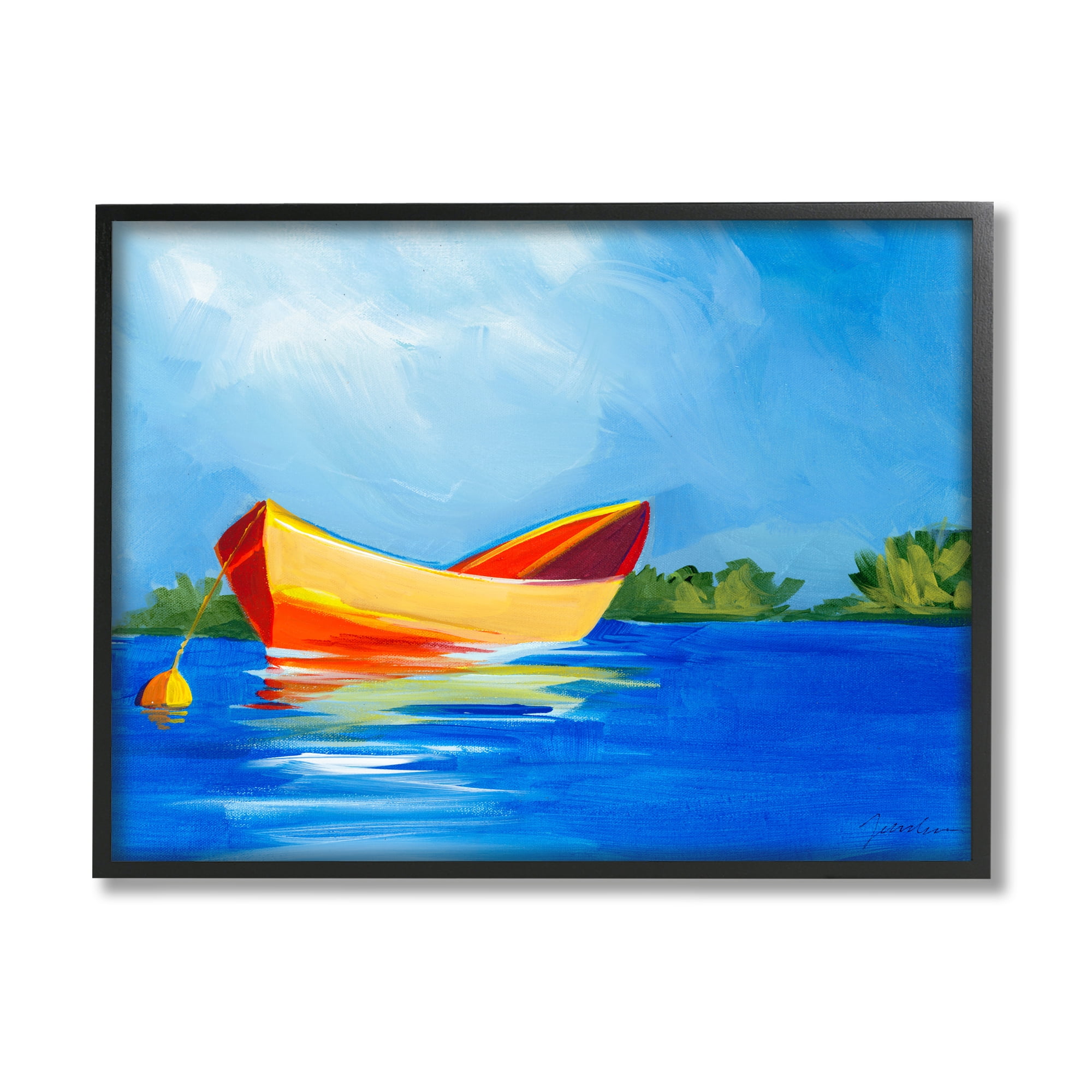 Stupell Industries Modern Boat on Lake Transportation Painting Black Framed Art Print Wall Art, 30 x 24