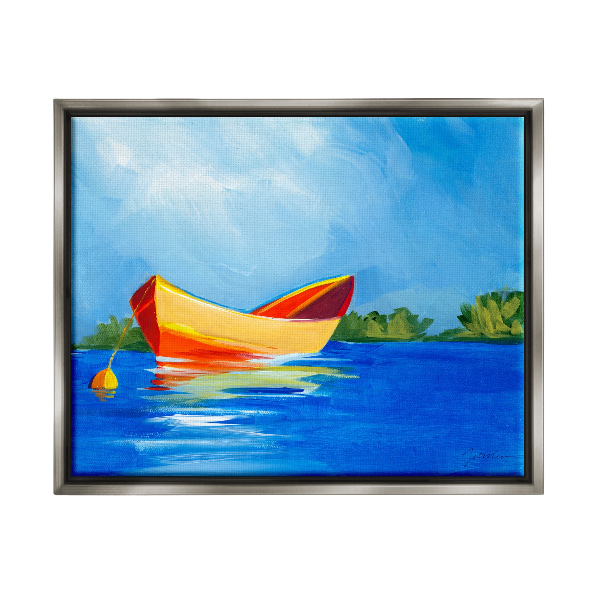 Stupell Industries Modern Boat on Lake Transportation Painting Gray Floater Framed Art Print Wall Art, 21 x 17