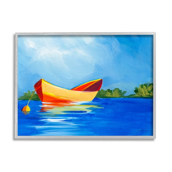Stupell Industries Modern Boat on Lake Transportation Painting Gray Framed Art Print Wall Art, 14 x 11