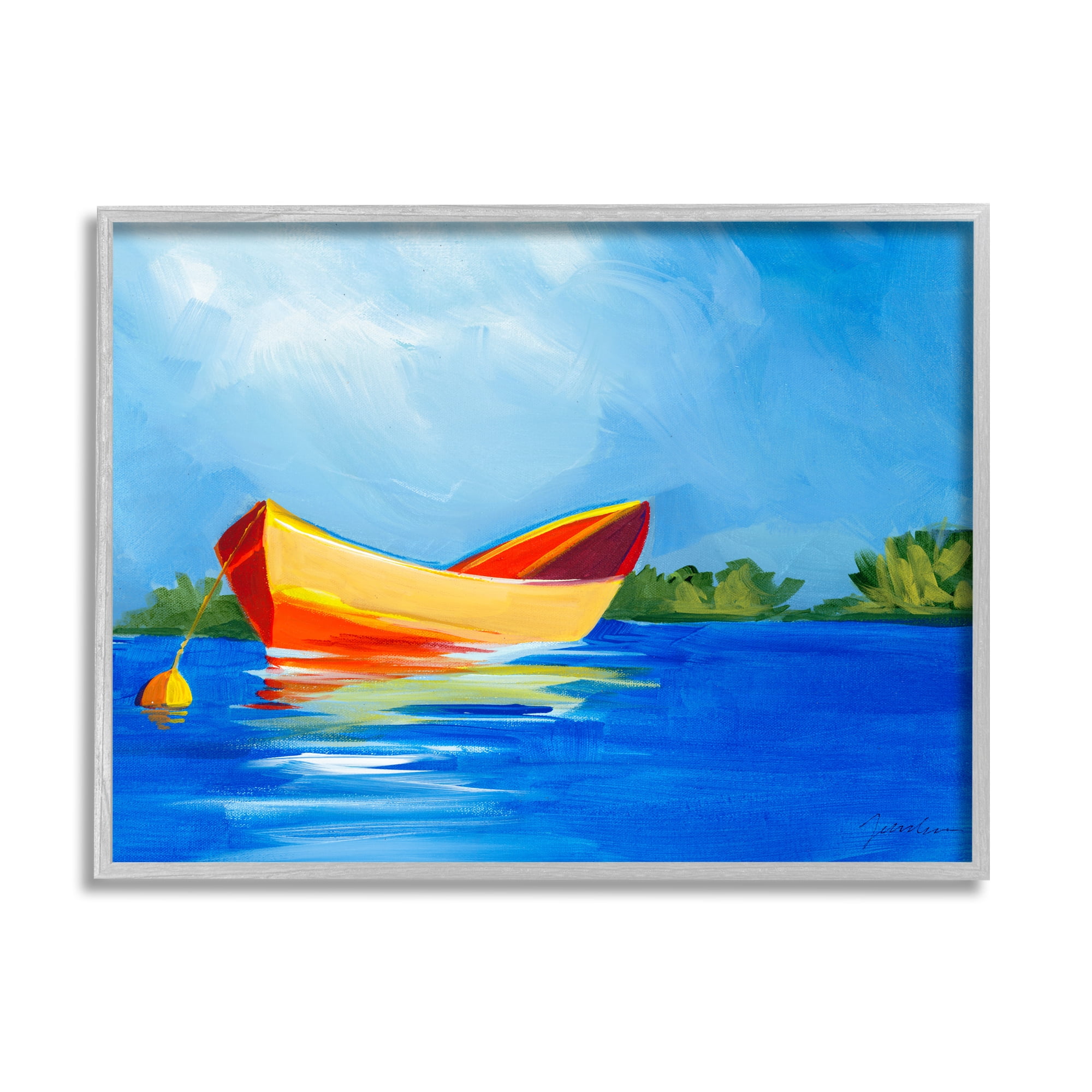 Stupell Industries Modern Boat on Lake Transportation Painting Gray Framed Art Print Wall Art, 20 x 16