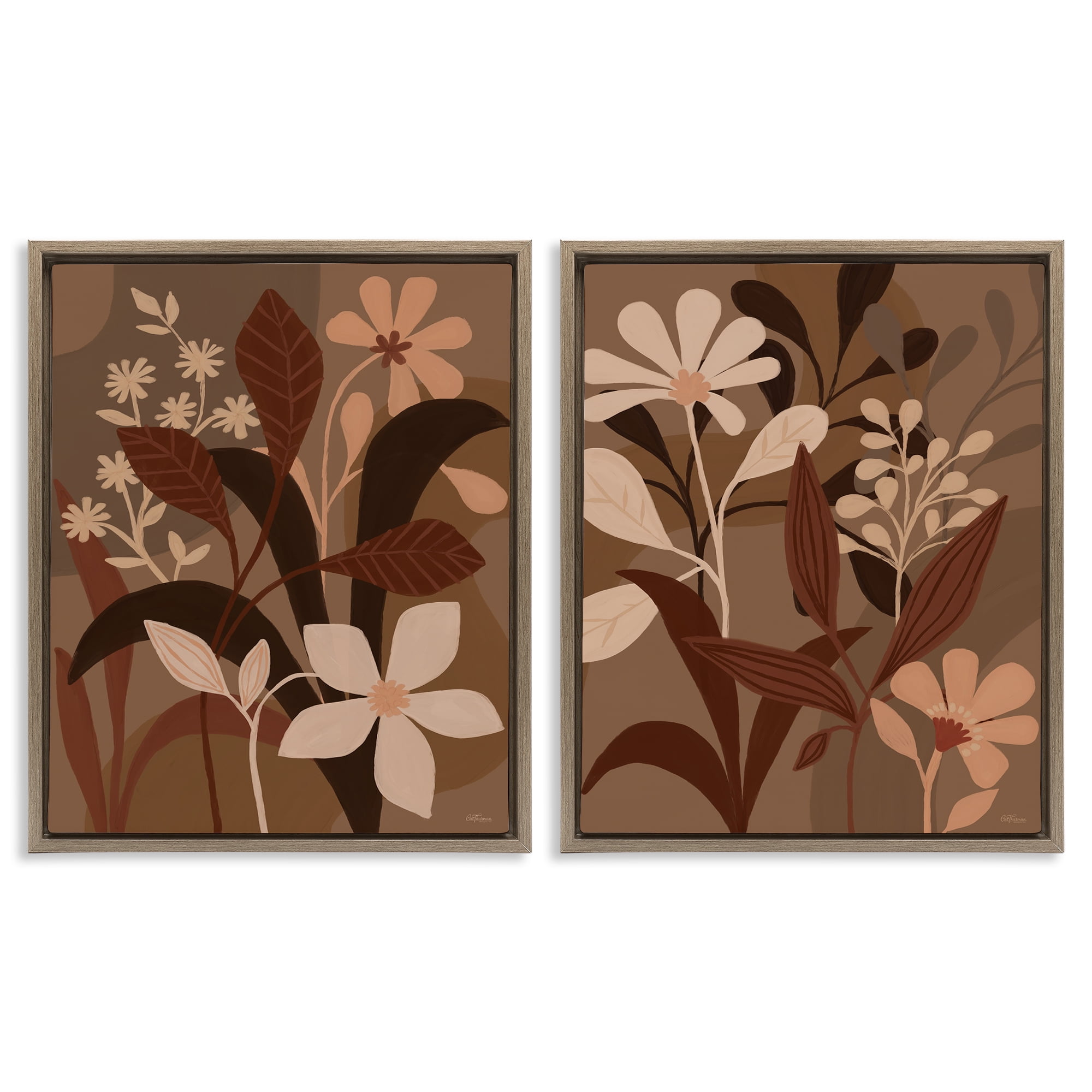 Stupell Industries Modern Boho Flower Bundle Floral & Botanical Painting Brown Floater Framed Canvas Art Print Wall Art, 17 x 21, Set of 2