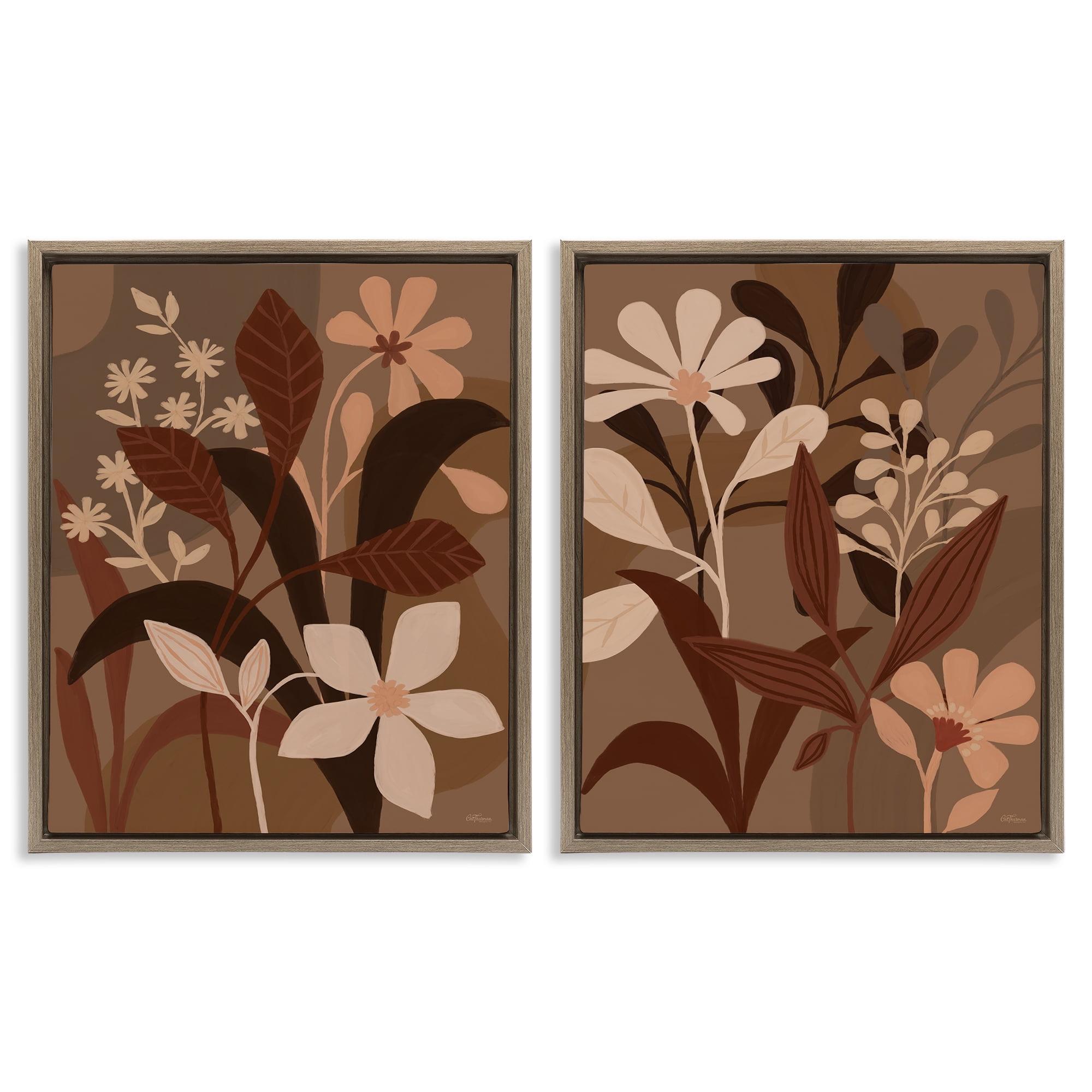 Stupell Industries Modern Boho Flower Bundle Floral & Botanical Painting Brown Floater Framed Canvas Art Print Wall Art, 31 x 25, Set of 2