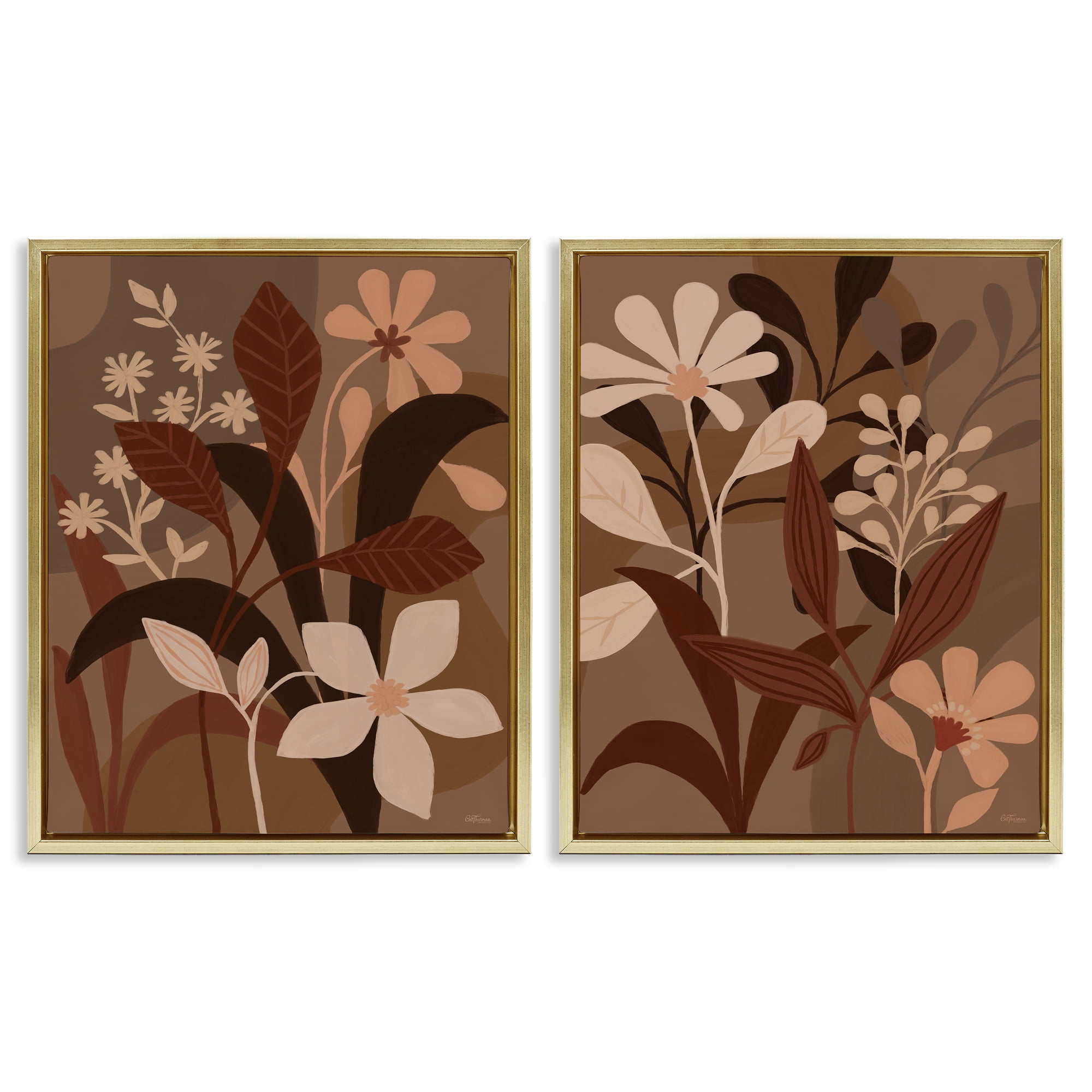 Stupell Industries Modern Boho Flower Bundle Floral & Botanical Painting Gold Floater Framed Canvas Art Print Wall Art, 31 x 25, Set of 2