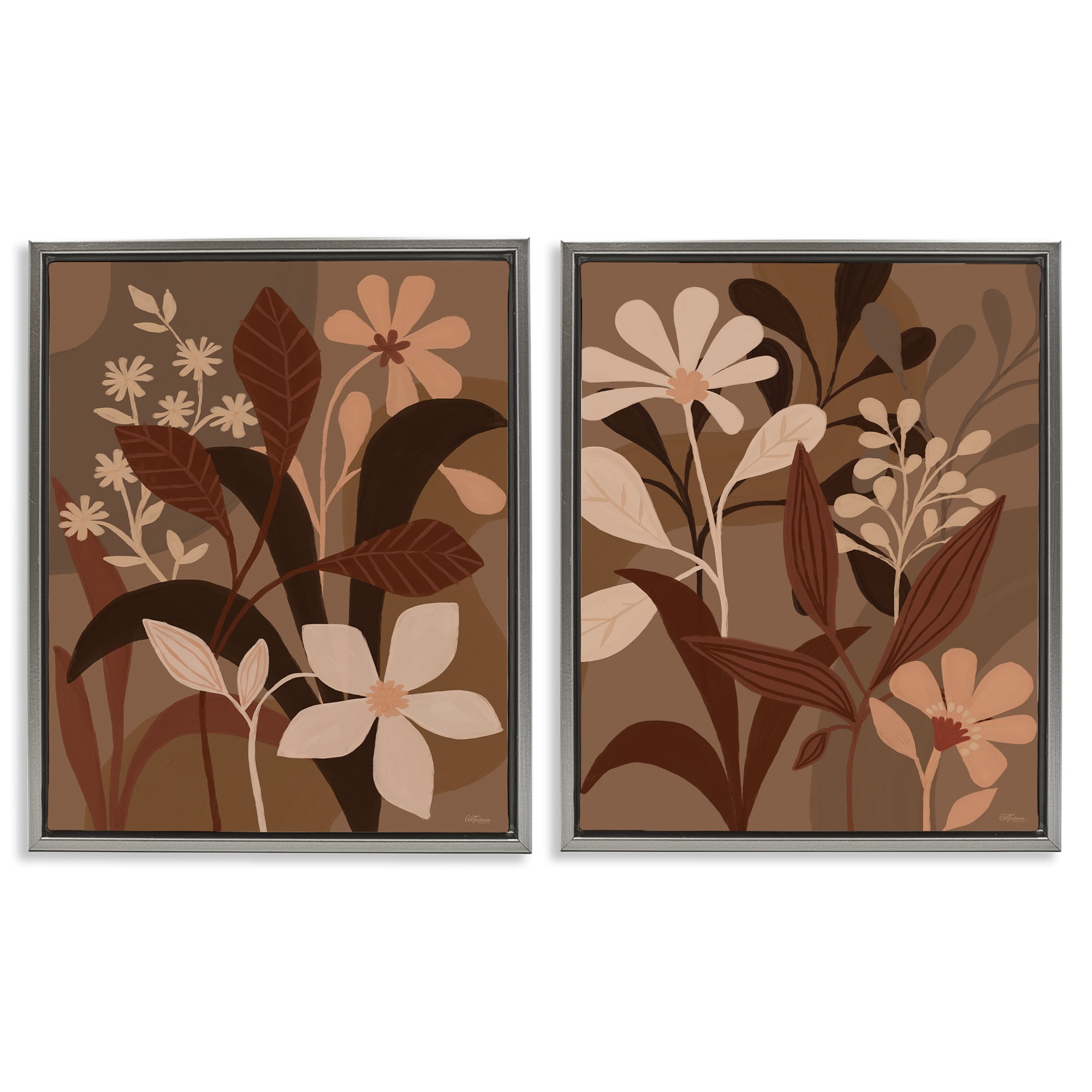 Stupell Industries Modern Boho Flower Bundle Floral & Botanical Painting Gray Floater Framed Canvas Art Print Wall Art, 31 x 25, Set of 2