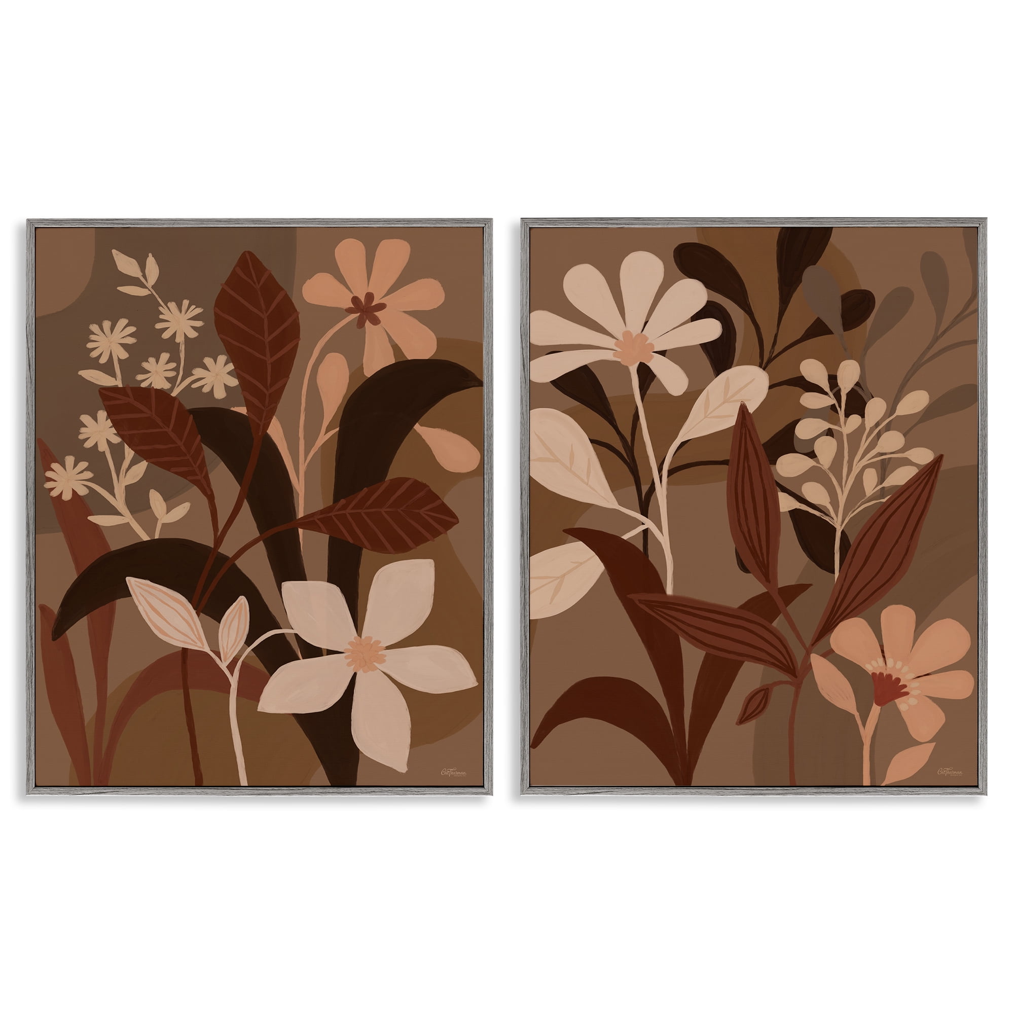 Stupell Industries Modern Boho Flower Bundle Floral & Botanical Painting Gray Framed Art Print Wall Art, 24 x 30, Set of 2