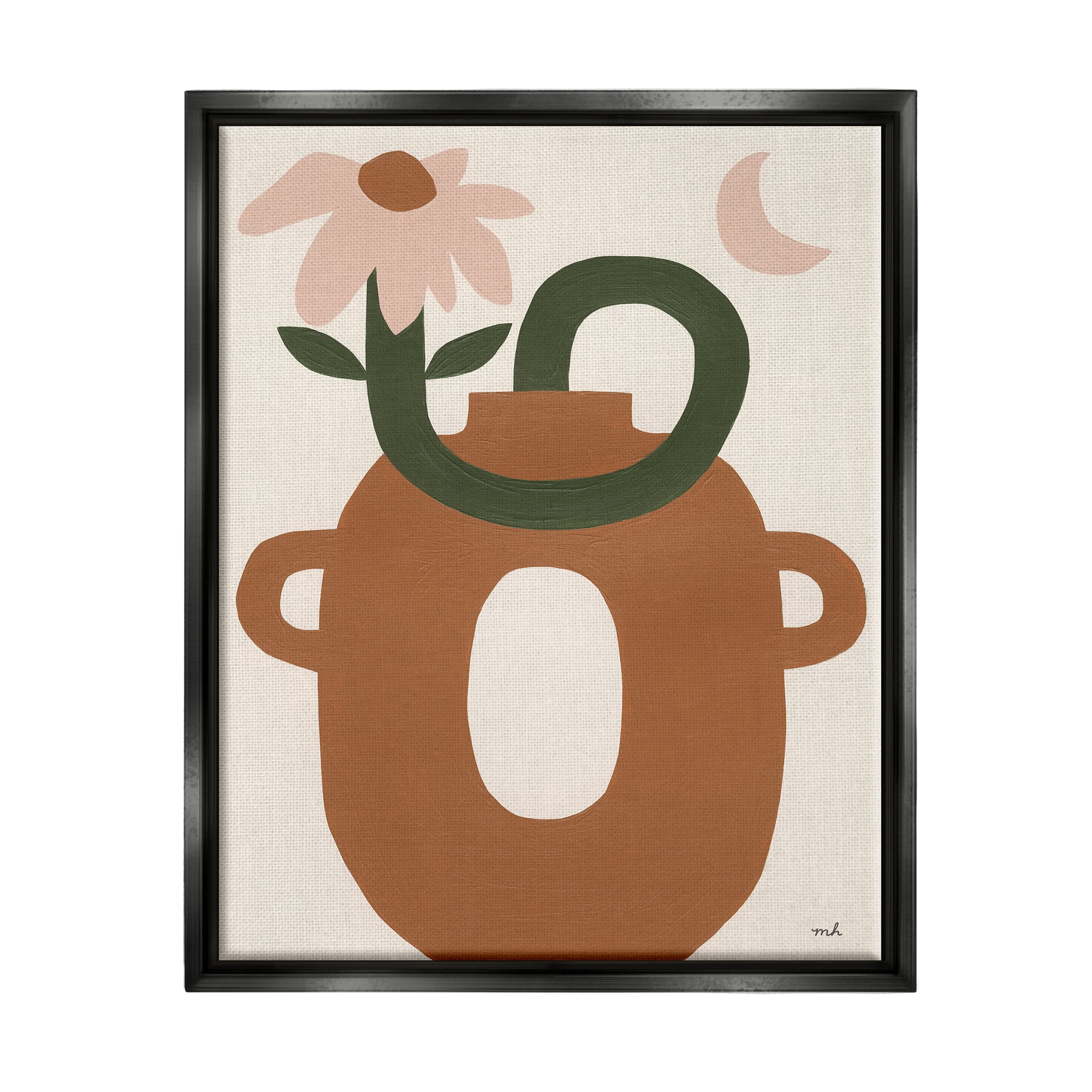 Stupell Industries Modern Boho Plant Vase Abstract Painting Black Floater Framed Canvas Art Print Wall Art, 17 x 21
