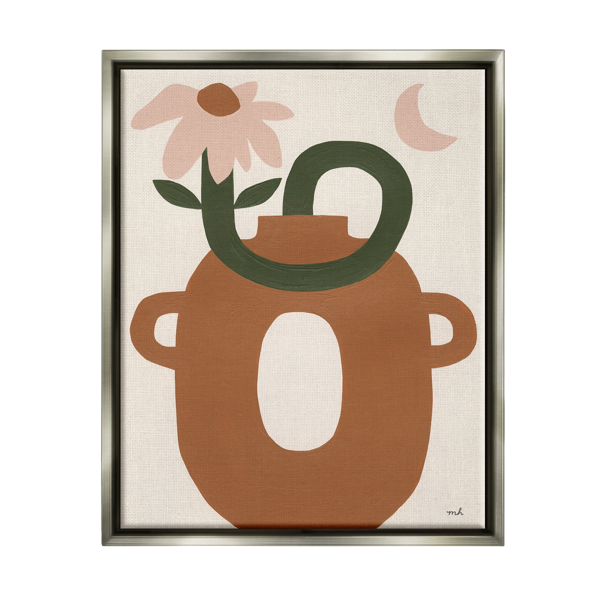 Stupell Industries Modern Boho Plant Vase Abstract Painting Gray Floater Framed Canvas Art Print Wall Art, 25 x 31