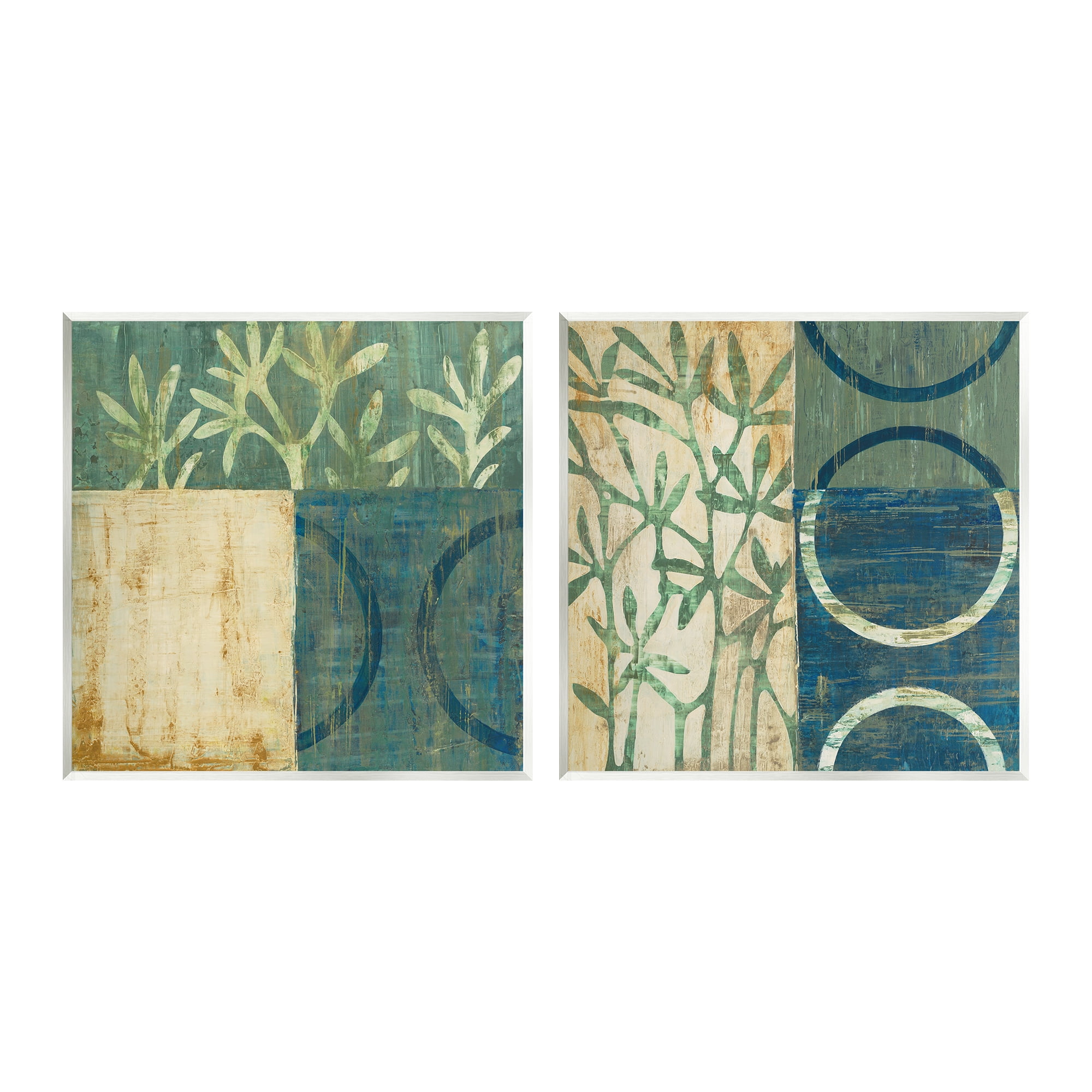 Modern Botanical Shapes Abstract Art Set in Blue and Beige