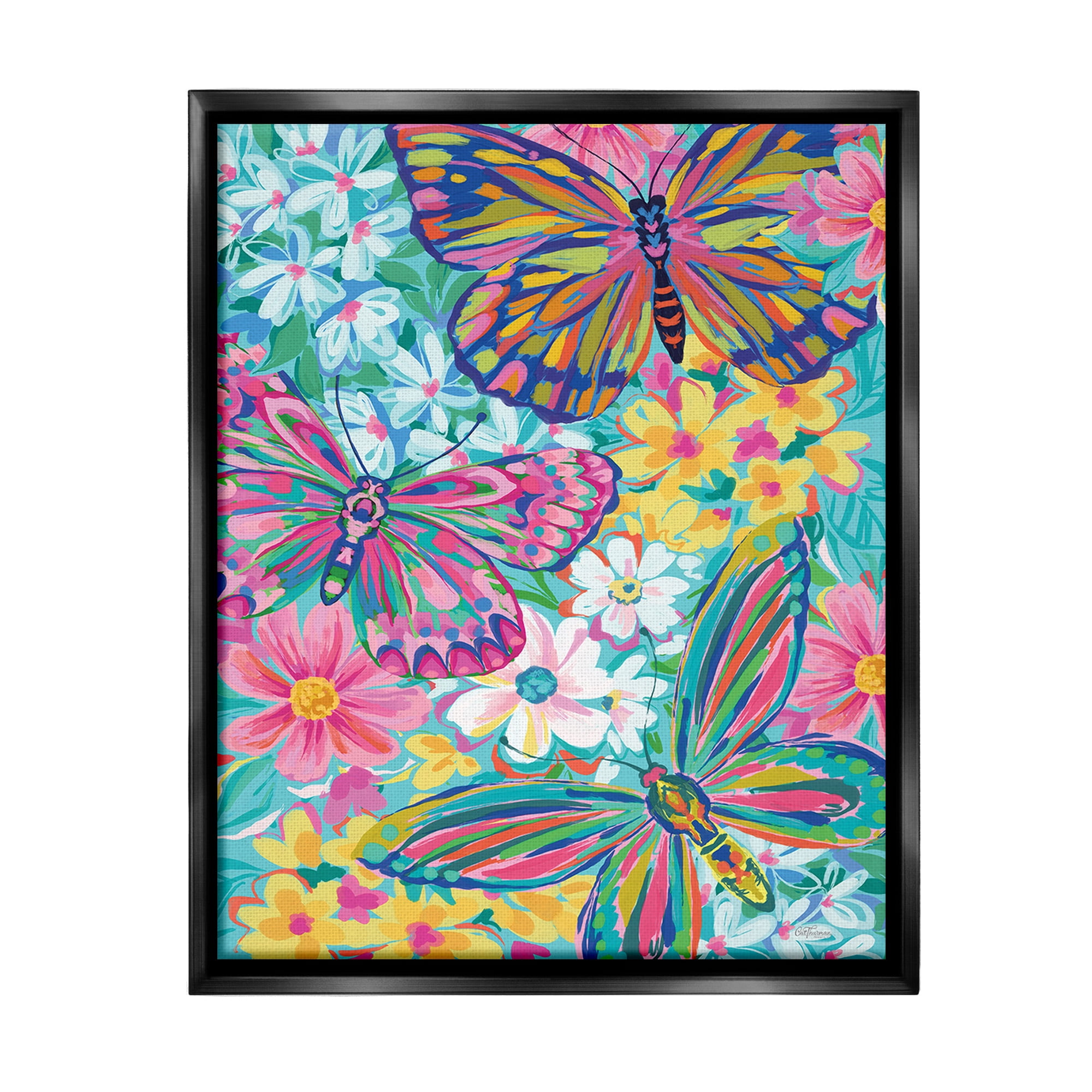 Stupell Industries Modern Butterflies & Blossoms Animals & Insects Painting Black Floater Framed Canvas Art Print Wall Art, 25 x 31