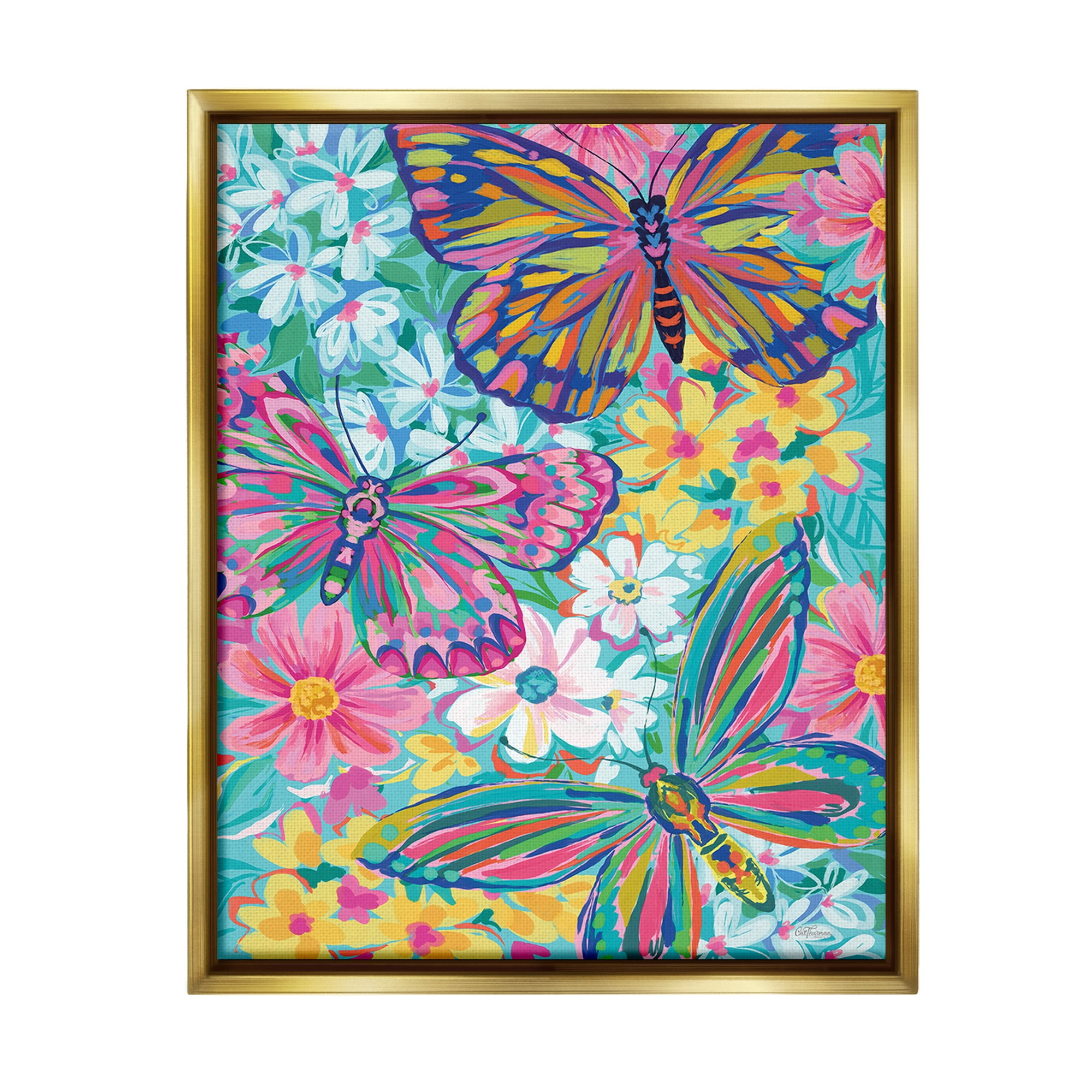 Stupell Industries Modern Butterflies & Blossoms Animals & Insects Painting Gold Floater Framed Canvas Art Print Wall Art, 17 x 21