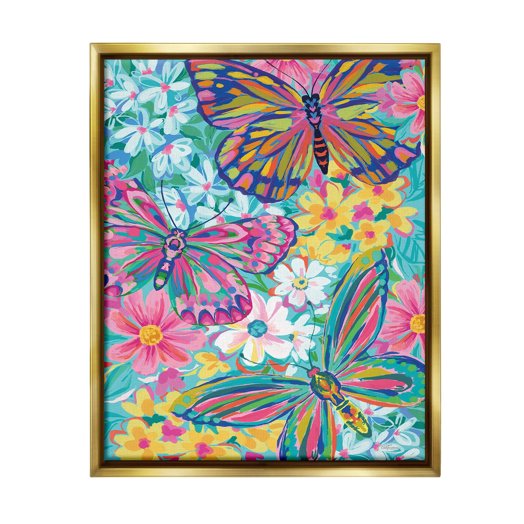 Stupell Industries Modern Butterflies & Blossoms Animals & Insects Painting Gold Floater Framed Canvas Art Print Wall Art, 25 x 31
