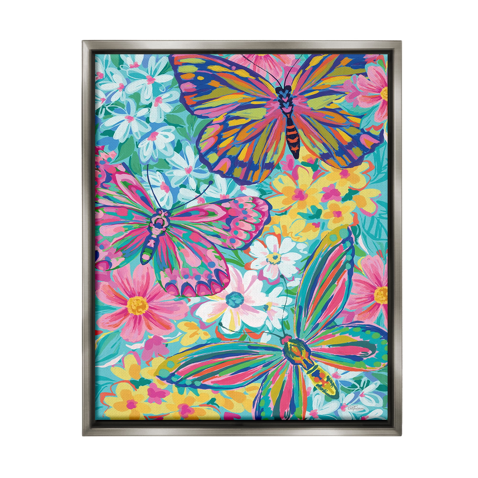 Stupell Industries Modern Butterflies & Blossoms Animals & Insects Painting Gray Floater Framed Canvas Art Print Wall Art, 17 x 21