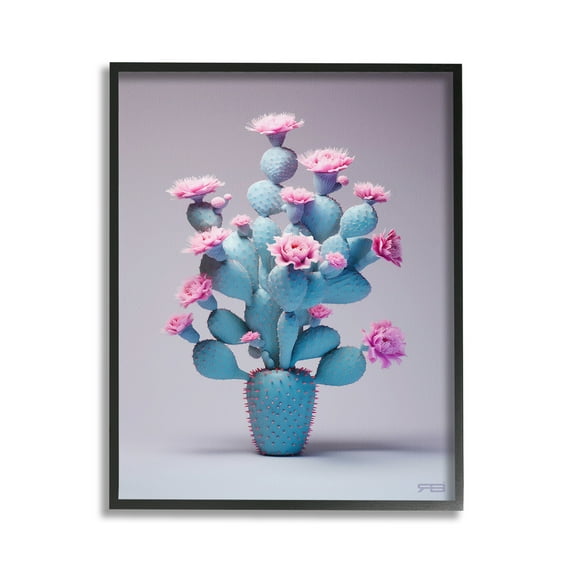 Stupell Industries Modern Cactus with Flowers Botanical & Floral Painting Black Framed Art Print Wall Art, 16 x 20