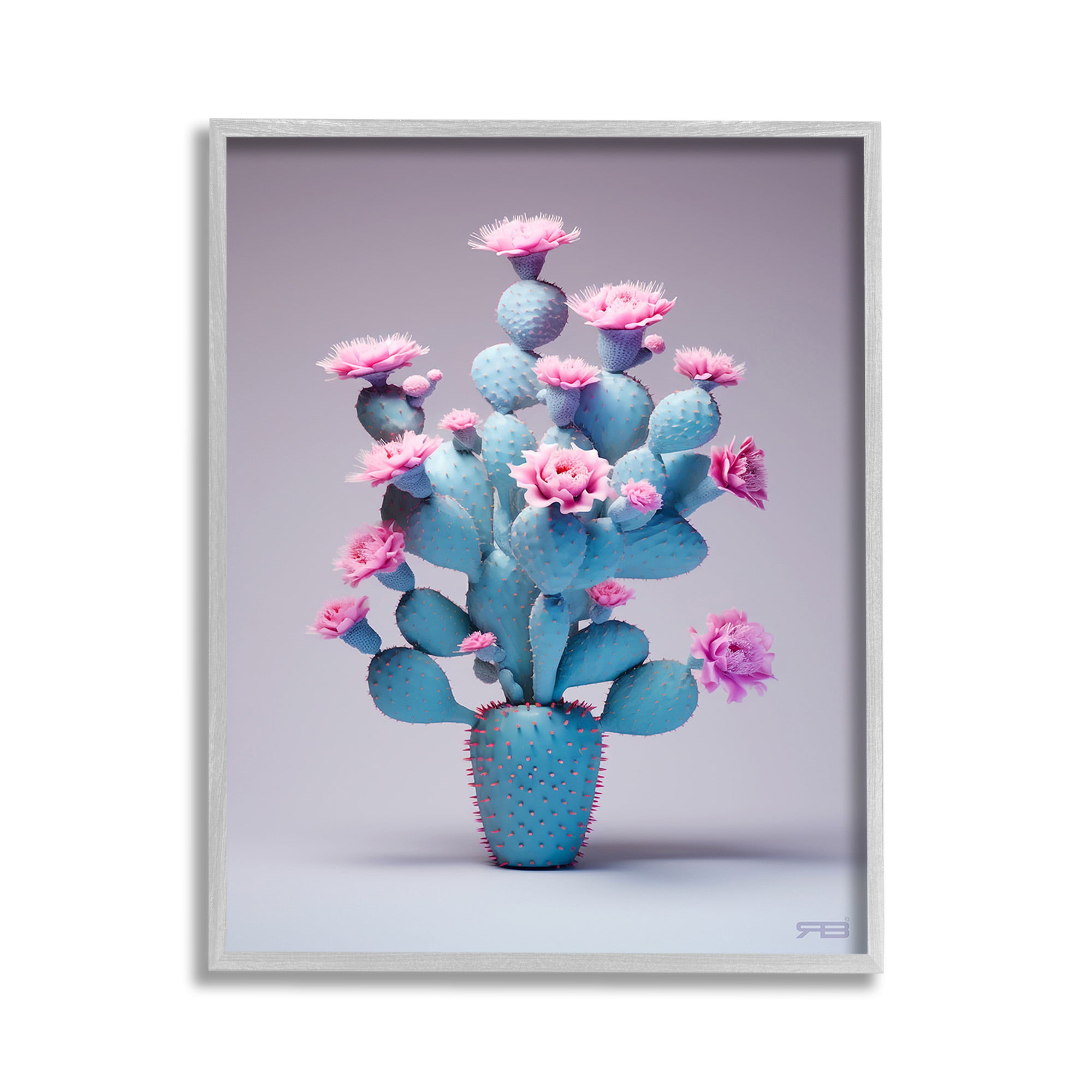 Stupell Industries Modern Cactus with Flowers Botanical & Floral Painting Gray Framed Art Print Wall Art, 11 x 14