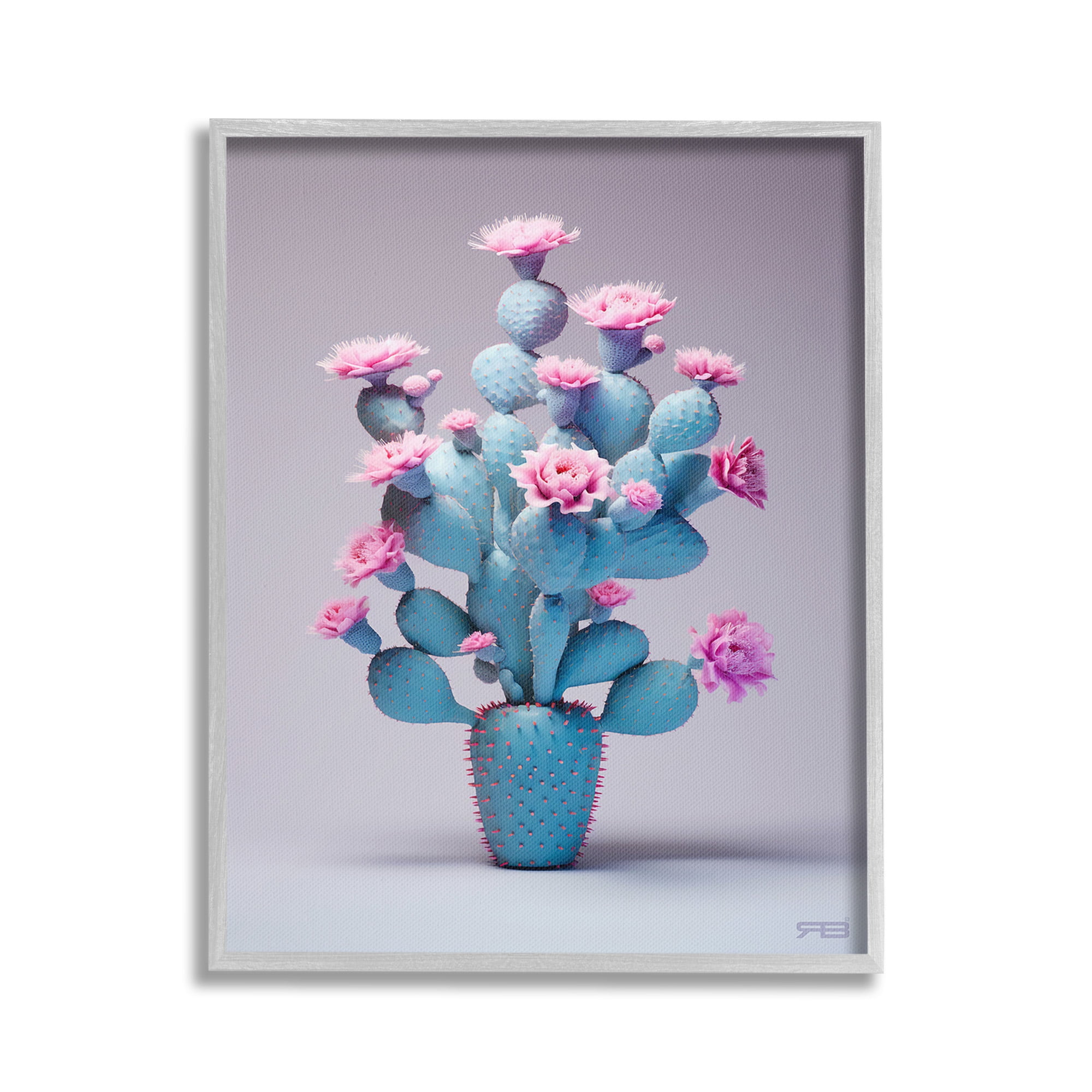 Stupell Industries Modern Cactus with Flowers Botanical & Floral Painting Gray Framed Art Print Wall Art, 24 x 30