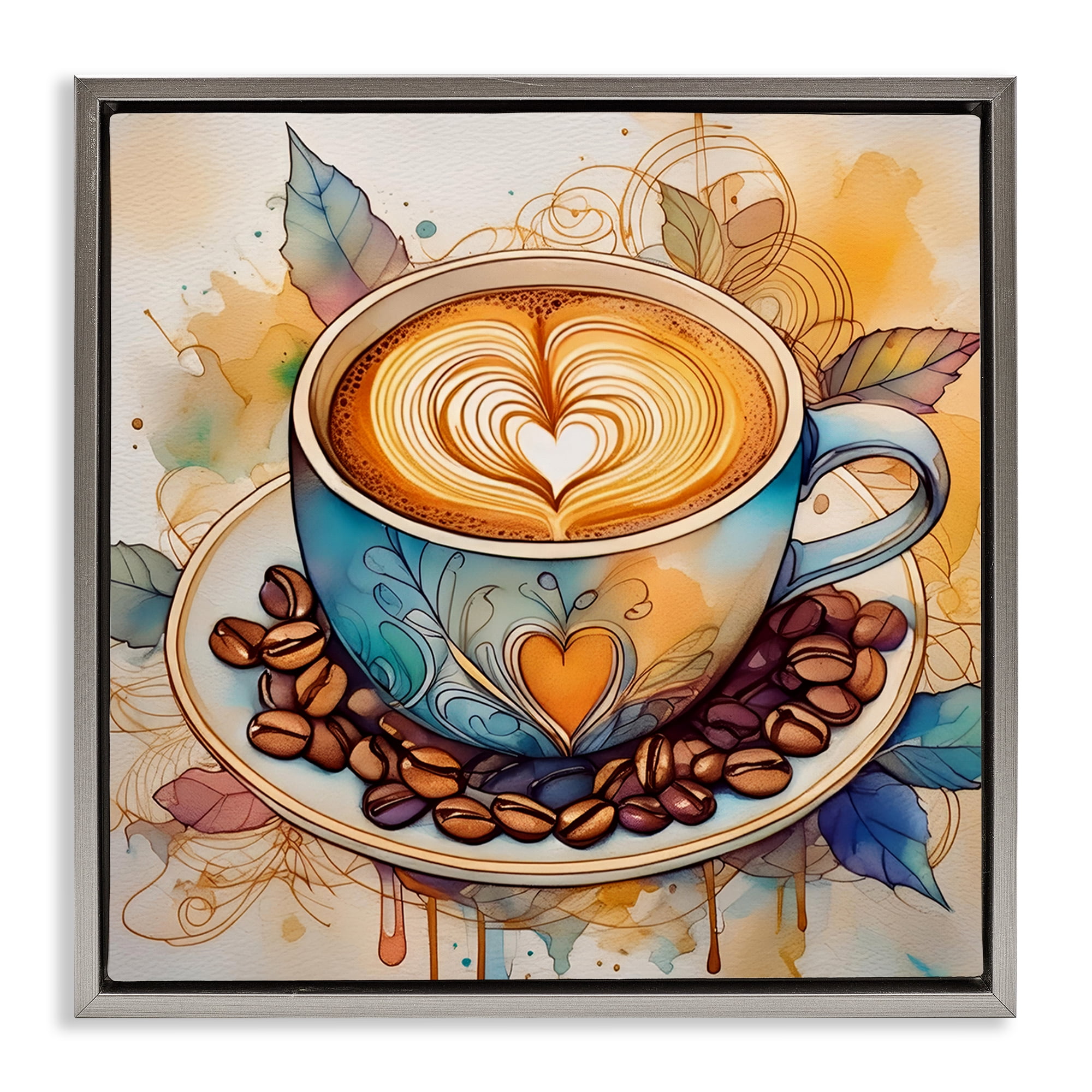 Stupell Industries Modern Café Latte Food & Beverage Painting Gray Floater Framed Canvas Art Print Wall Art, 25 x 25