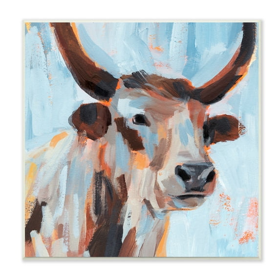 Stupell Industries Modern Cattle Cow Painterly Brushstrokes Blue Background Wood Wall Art, 12 x 12, Design by Annie Warren