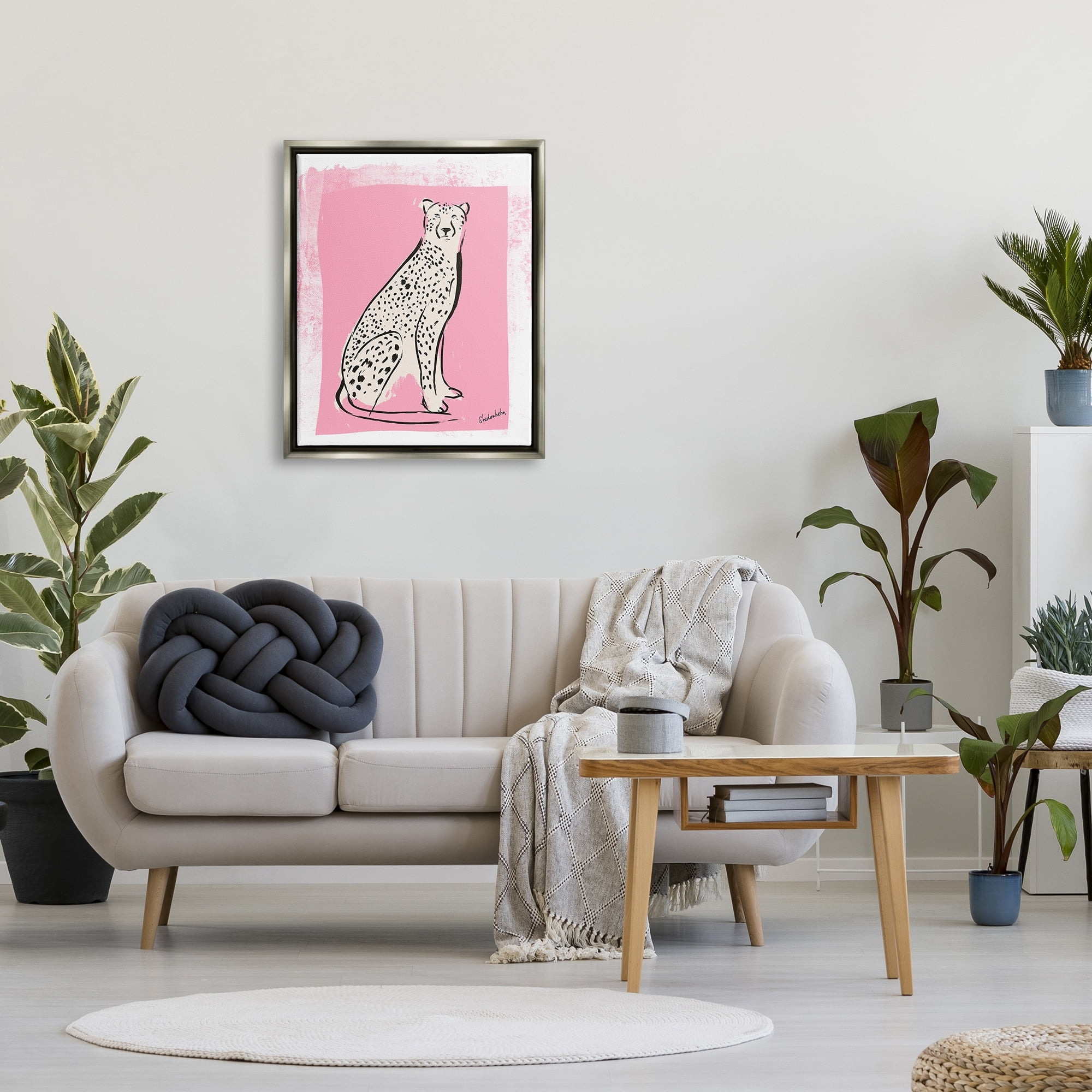 Stupell Industries Modern Cheetah Ink Lines Blocked Pink Border Graphic Art Luster Gray Floating Framed Canvas Print Wall Art, Design by Kendra Shedenhelm